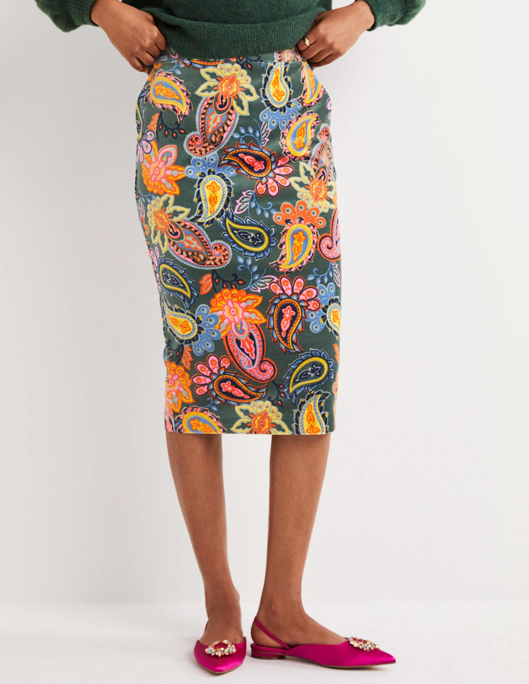  Velvet Midi Pencil Skirt-Trecking Green, Paisley Charm、mySite、ashleygrahame