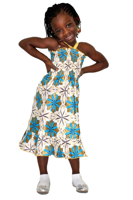 Blue, White and Gold Halter African print dress for Girls、mySite、solidvoid