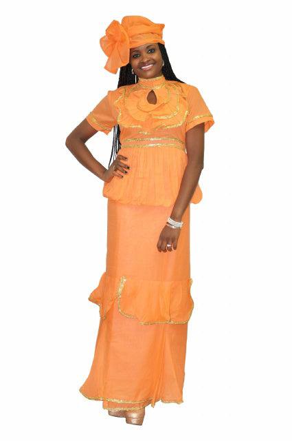 Elegant Peach-orange Senegalese African Voile Wrapper Set、mySite、solidvoid