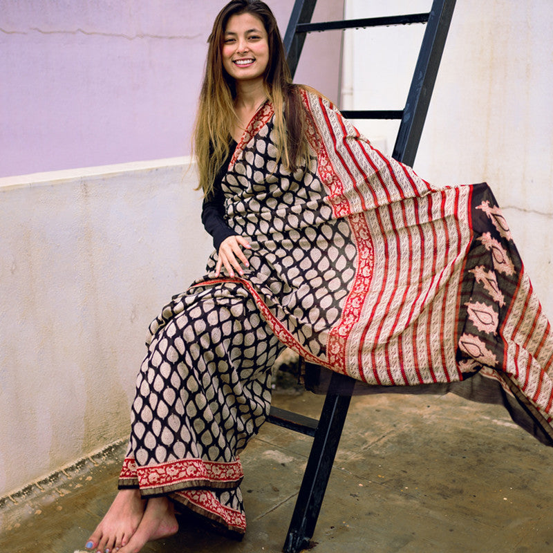 Festive Wear | Cotton Handblocked Bagru Saree | Black、mySite、camillekostekn