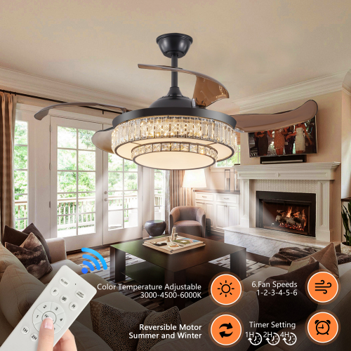 42" Retractable Ceiling Fan with Light, Modern LED Chandelier Fan with Remote Control, 6 Speed Adjustable Blades, Quiet DC Motor, Dimmable Lighting for Living Room, Bedroom, Dining Room、、eastwooduniform