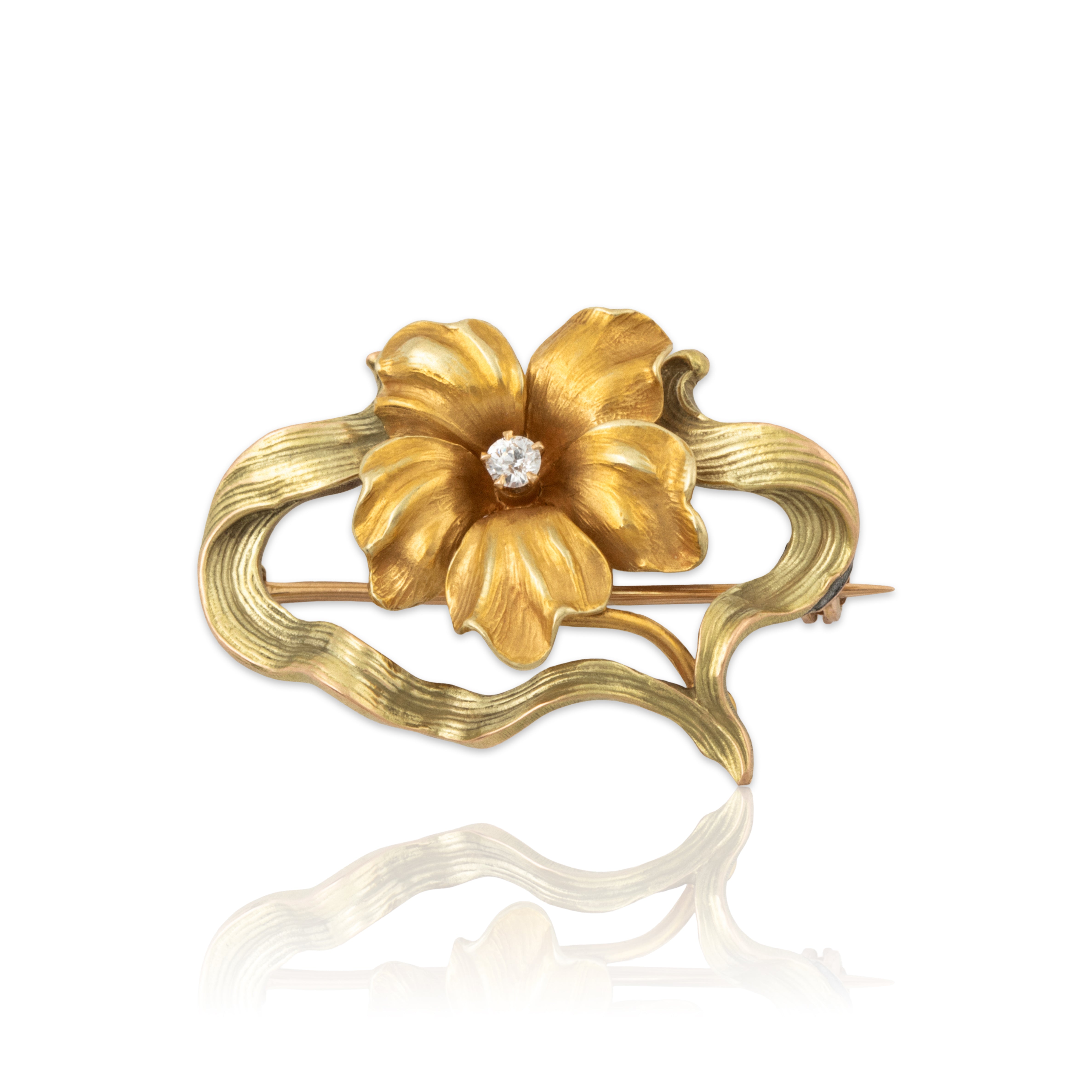 Antique Art Nouveau 14k Yellow Gold Old Mine Diamond Flowing Flower Pin、mySite、hinf8tx79