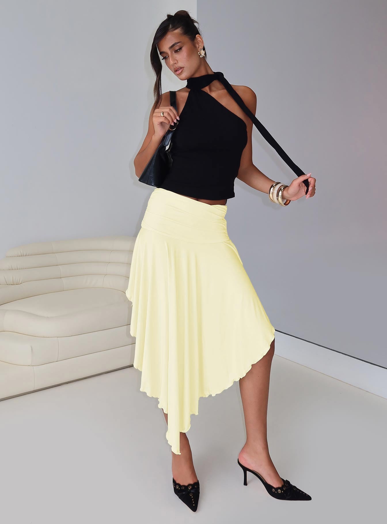 Symphonia Asymmetrical Midi Skirt Butter Yellow、mySite、solidvoid