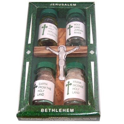 Olive Wood Cross Set with 4 Bottles - Anotinting Oil, Jordan River Water, Holy Earth and Incense、mySite、topwebapps