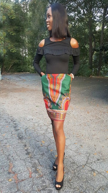Green Dashiki Print Pencil Skirt-DP3378S、mySite、solidvoid