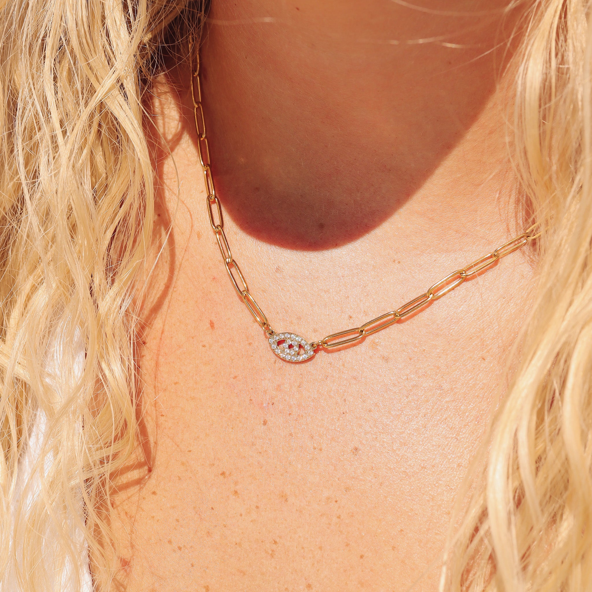 18K Gold PVD Stainless Steel Stone Evil Eye Paperclip Chain Necklace / CHN9975、mySite、dreamappss