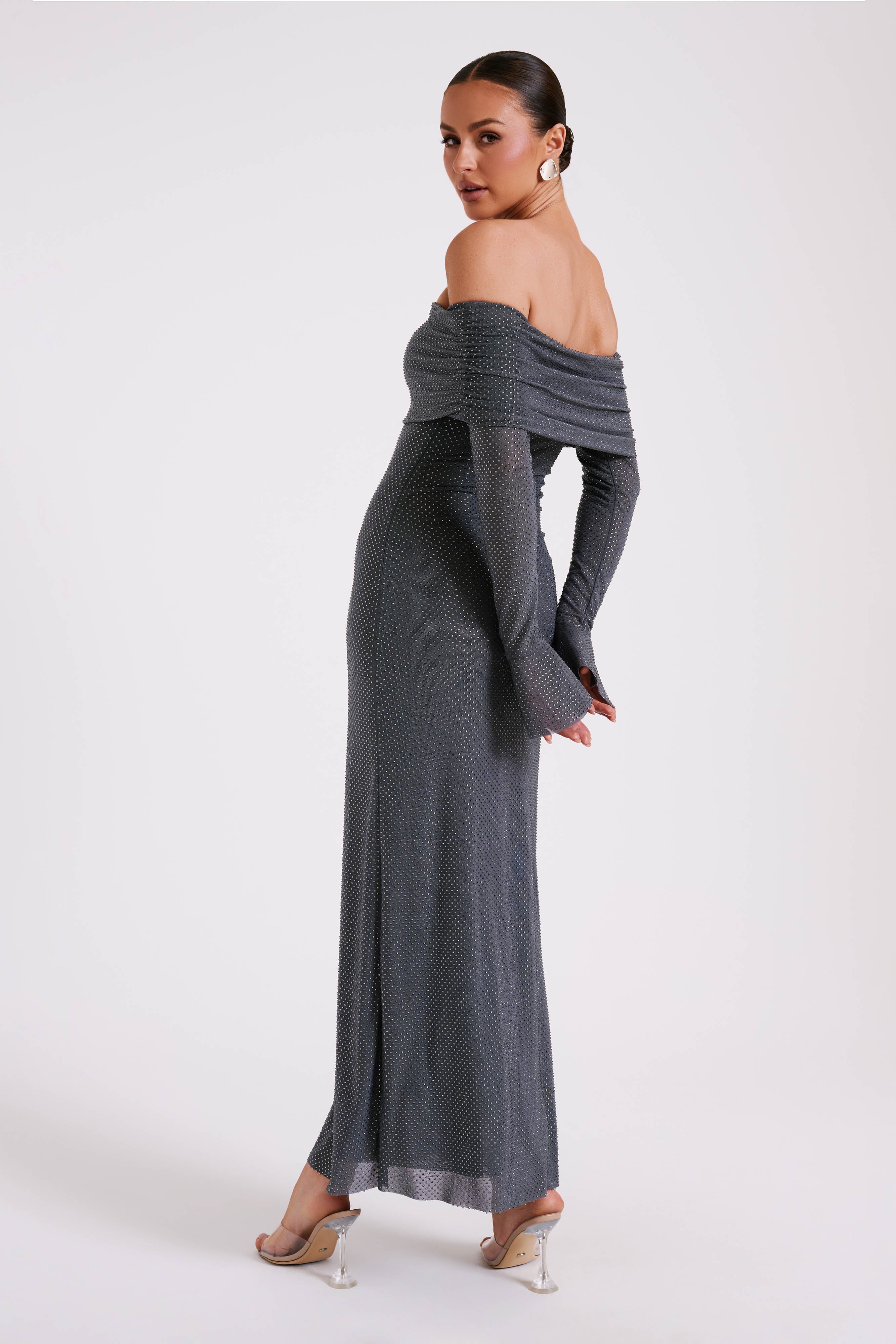 Marcel Off Shoulder Diamante Maxi Dress - Gunmetal、mySite、solidvoid