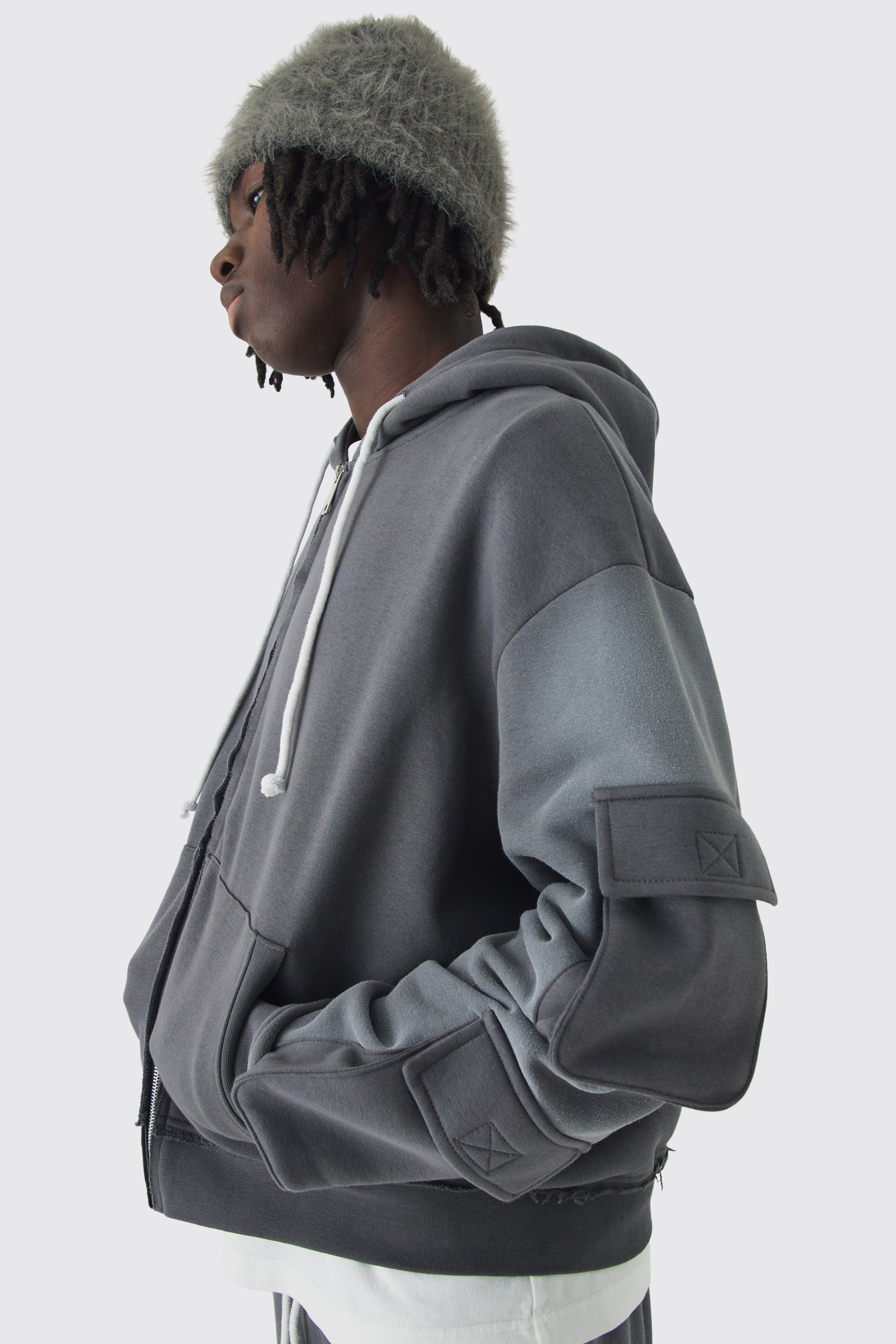  Boohooman Oversized Boxy Utility Zip Through Brushback Hoodie Charcoal、mySite、justintrudeaud