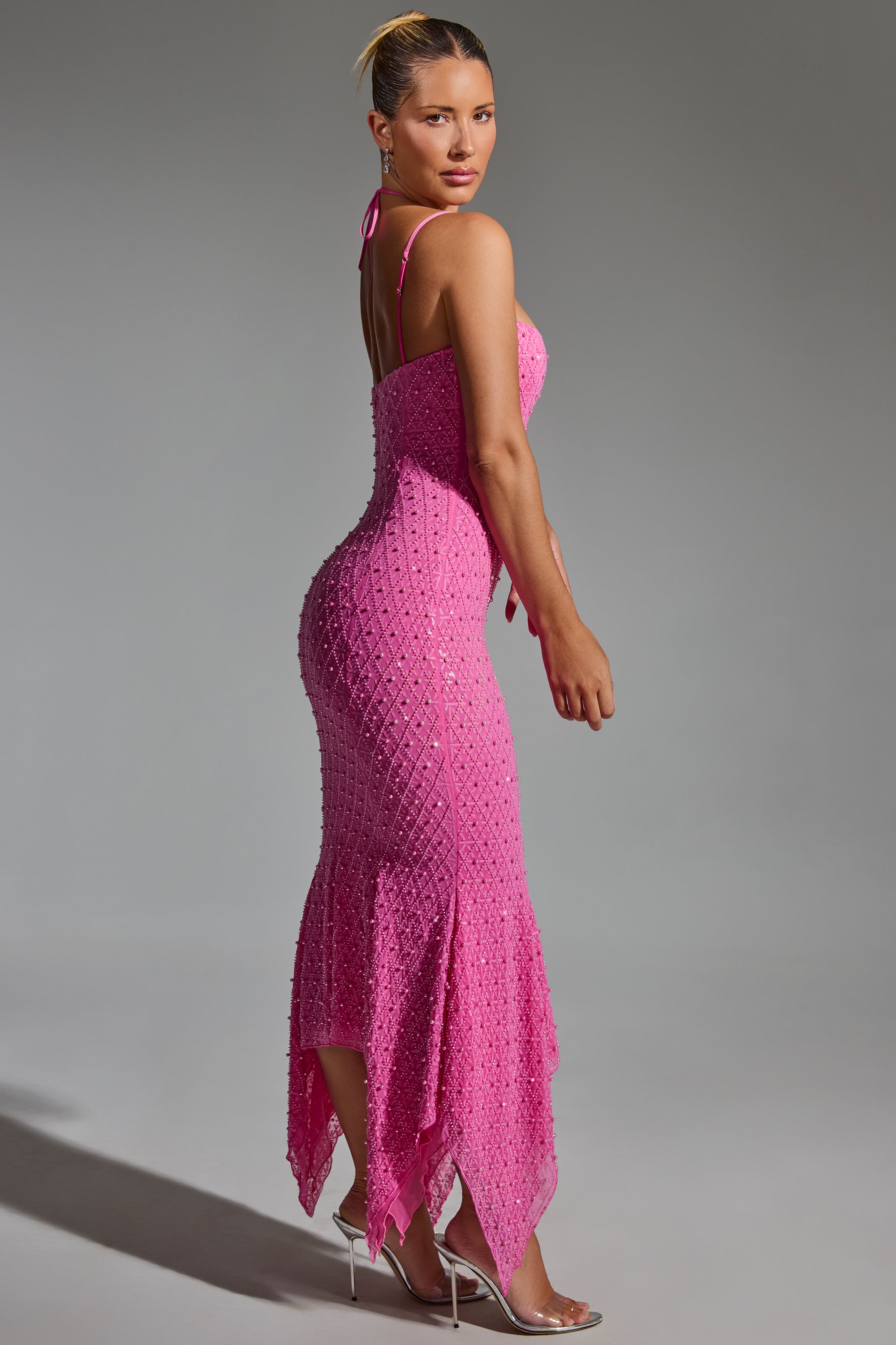 Embellished Cut-Out Asymmetric Midaxi Dress in Hot Pink、mySite、solidvoid