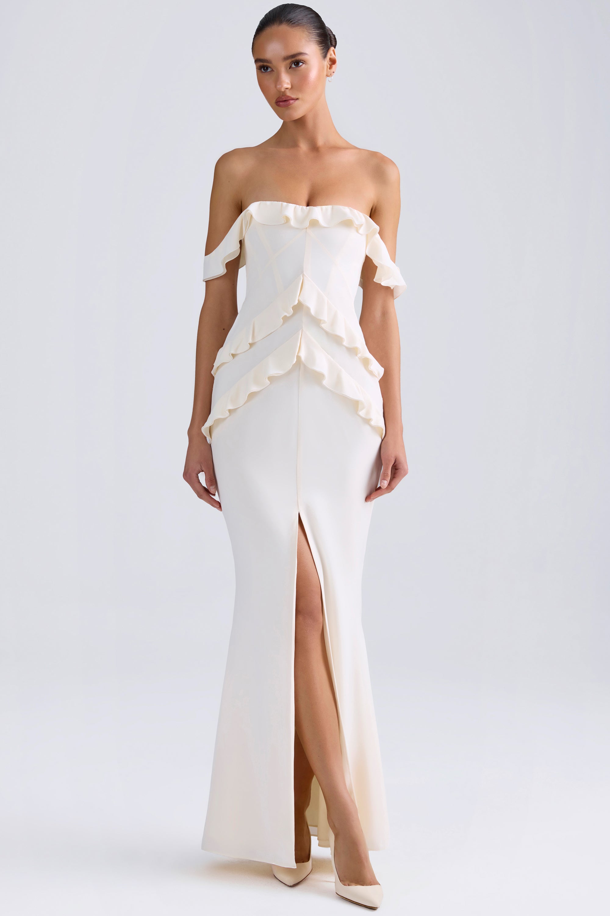 Off-Shoulder Ruffle-Trim Gown in Ivory、mySite、solidvoid