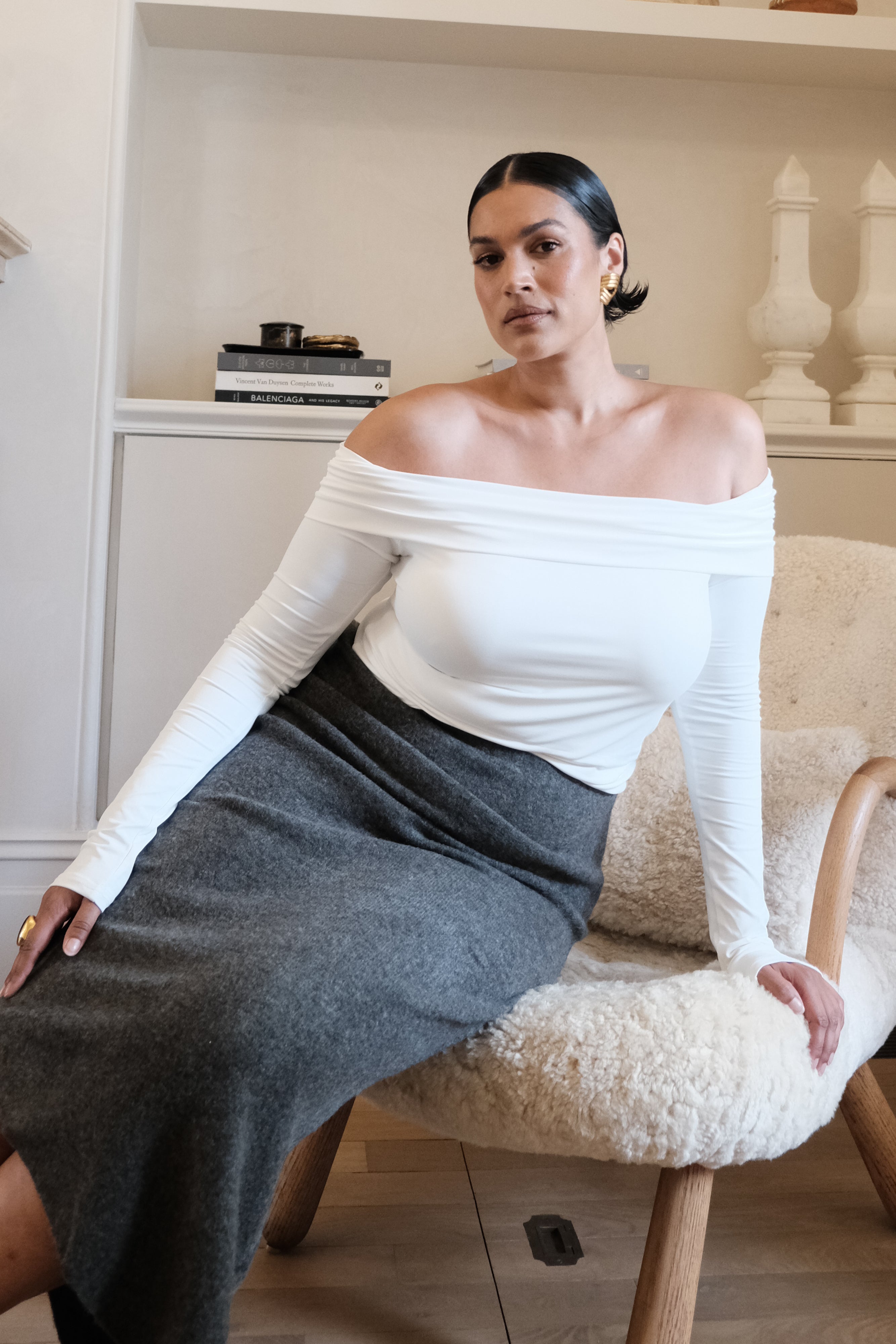 Lucinda Recycled Nylon Off Shoulder Top - White、mySite、solidvoid