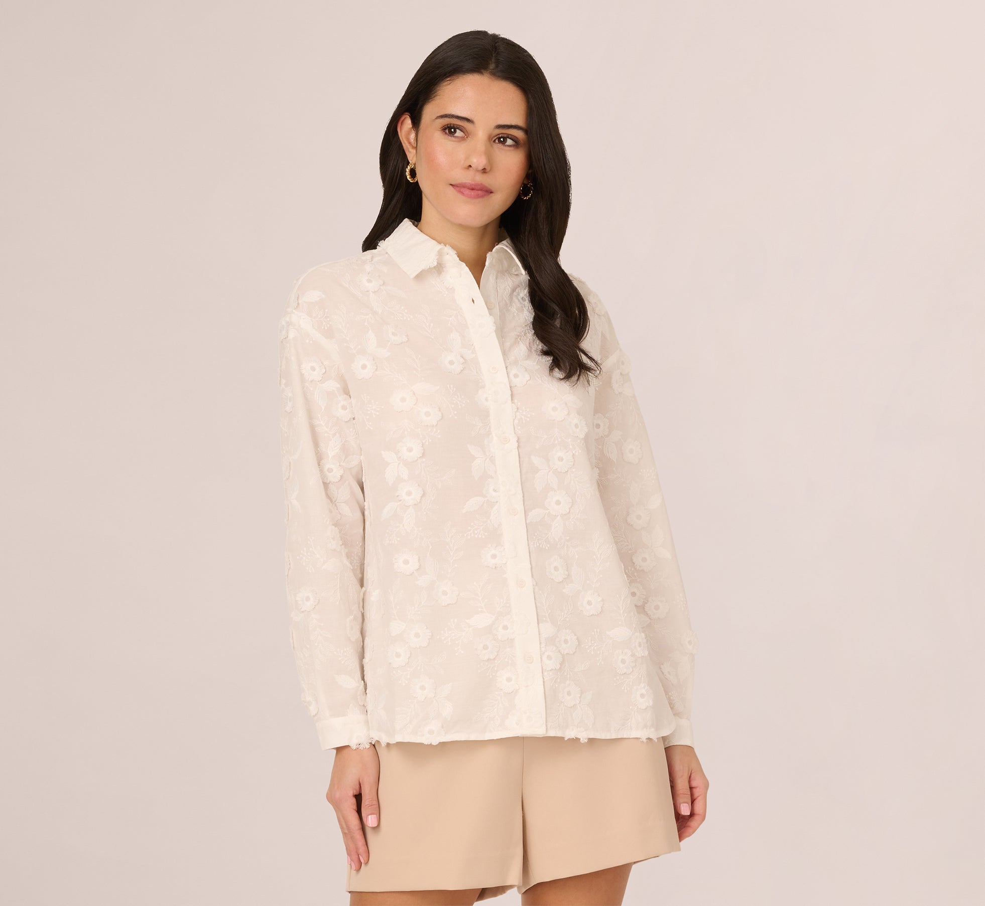 Sheer Cotton Floral Button Front Blouse In White、mySite、solidvoid