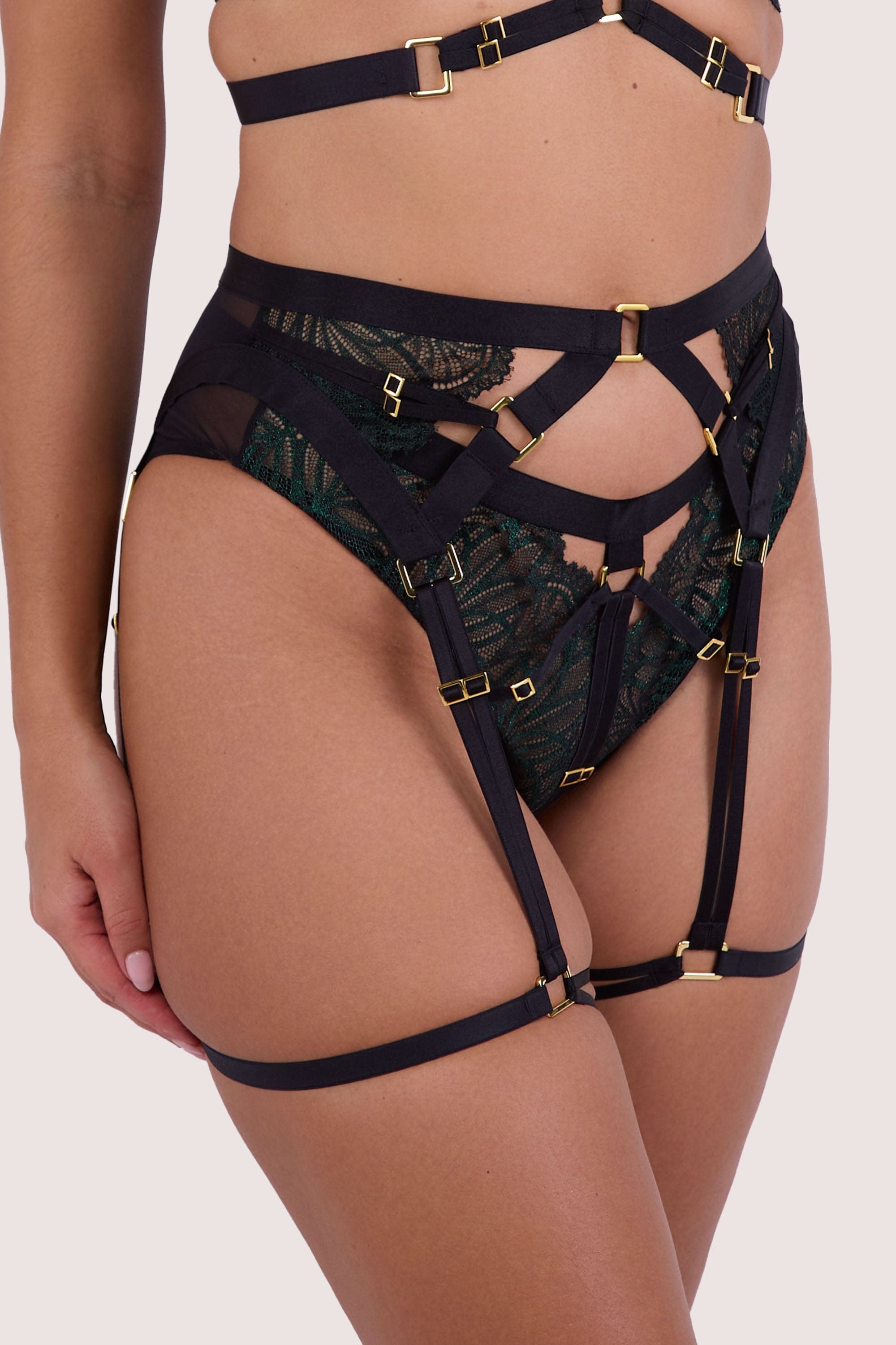 Tabitha Dark Green Wet-Look Lace Harness Suspender、mySite、bengalsvssteelers