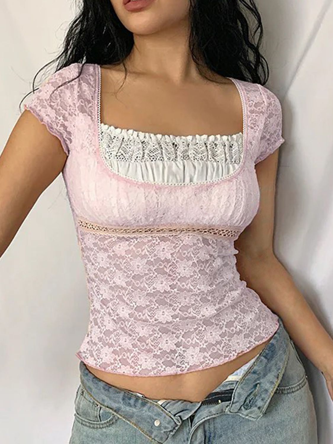  Devine Lace Square Neck Short Sleeve Top、mySite、justintrudeaud