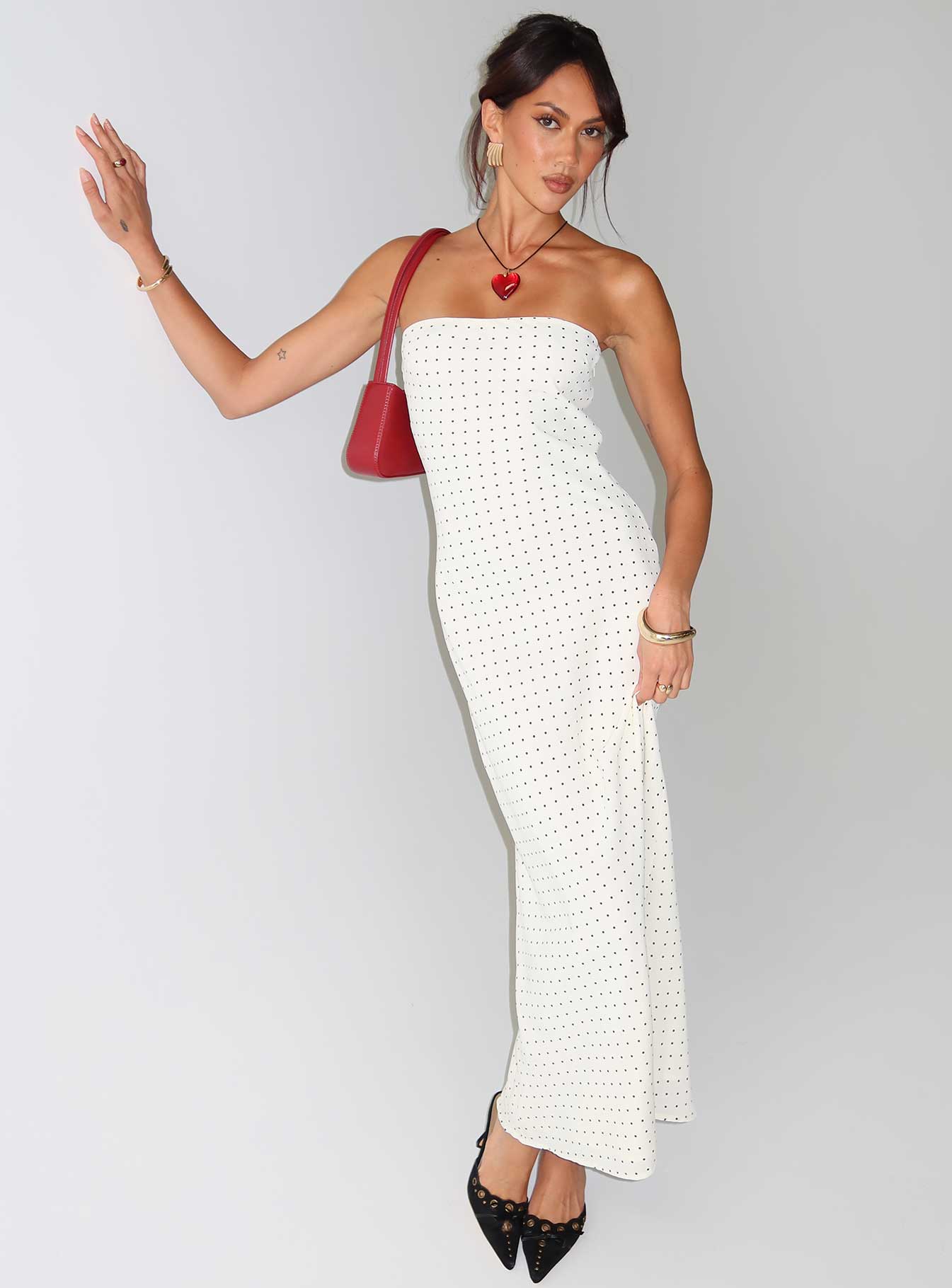 Just For Fun Strapless Maxi Dress White Polka Dot、mySite、solidvoid