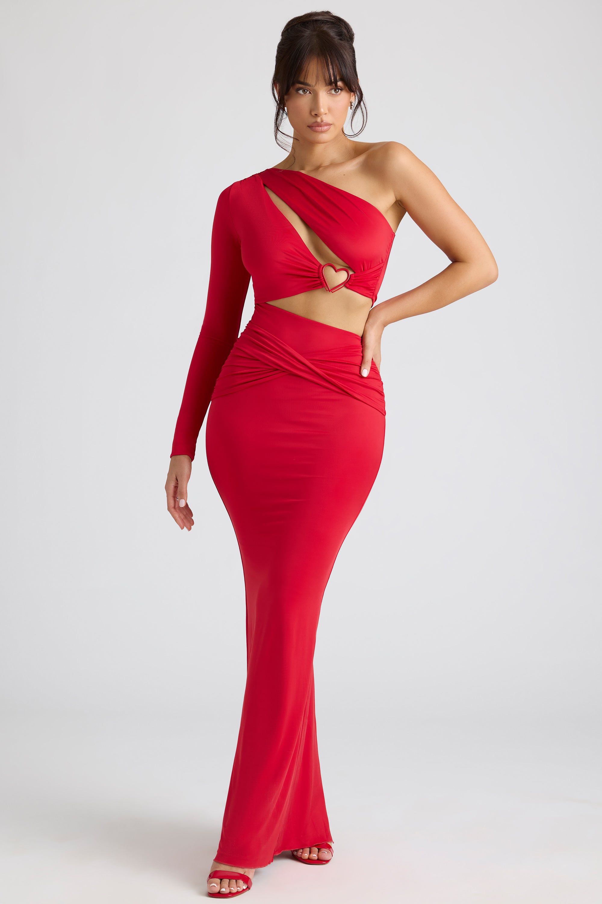 Single Sleeve Cut Out Evening Gown in Fire Red、mySite、solidvoid