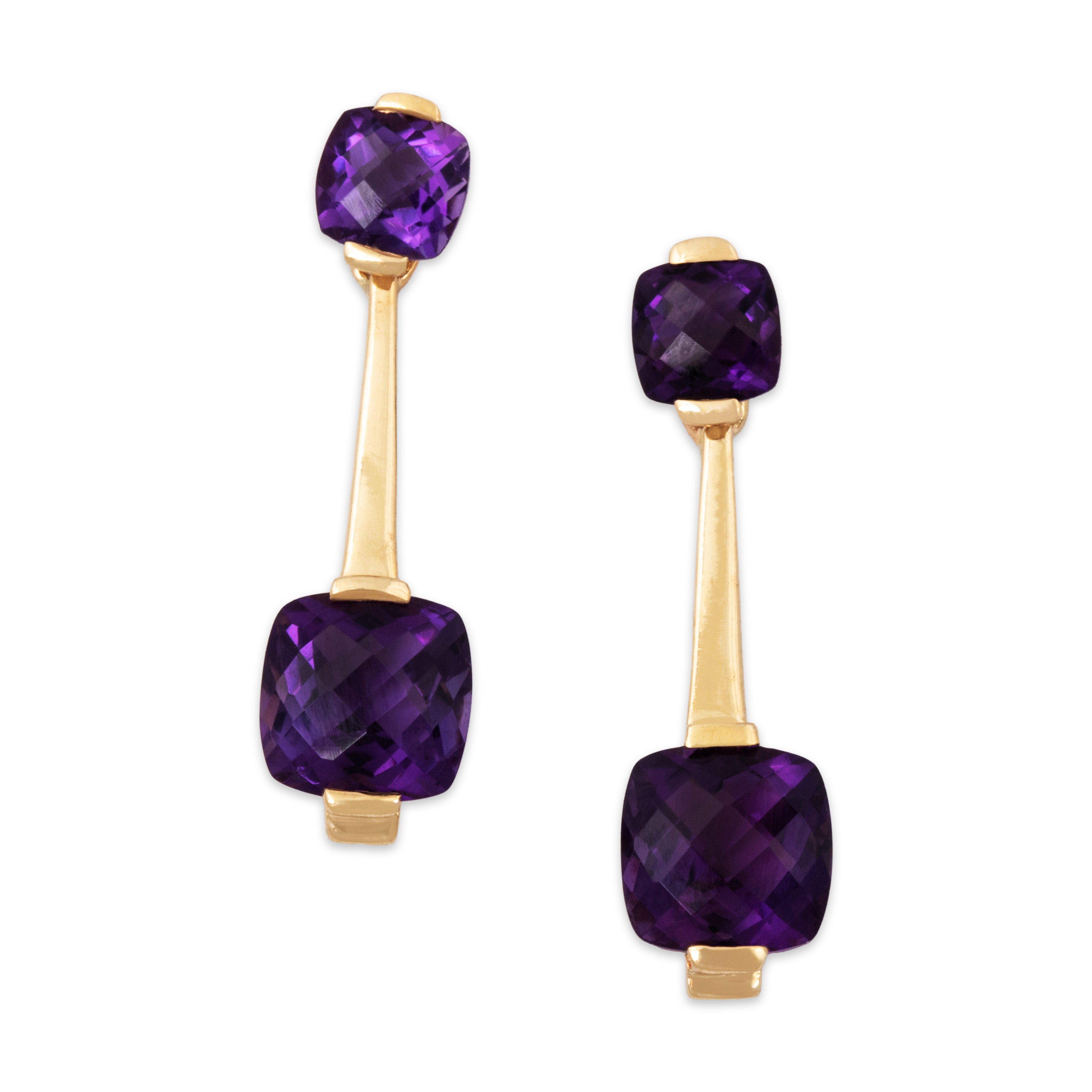 Vintage 14k Yellow Gold Amethyst Checkerboard Cushion Drop Earrings、mySite、hinf8tx79
