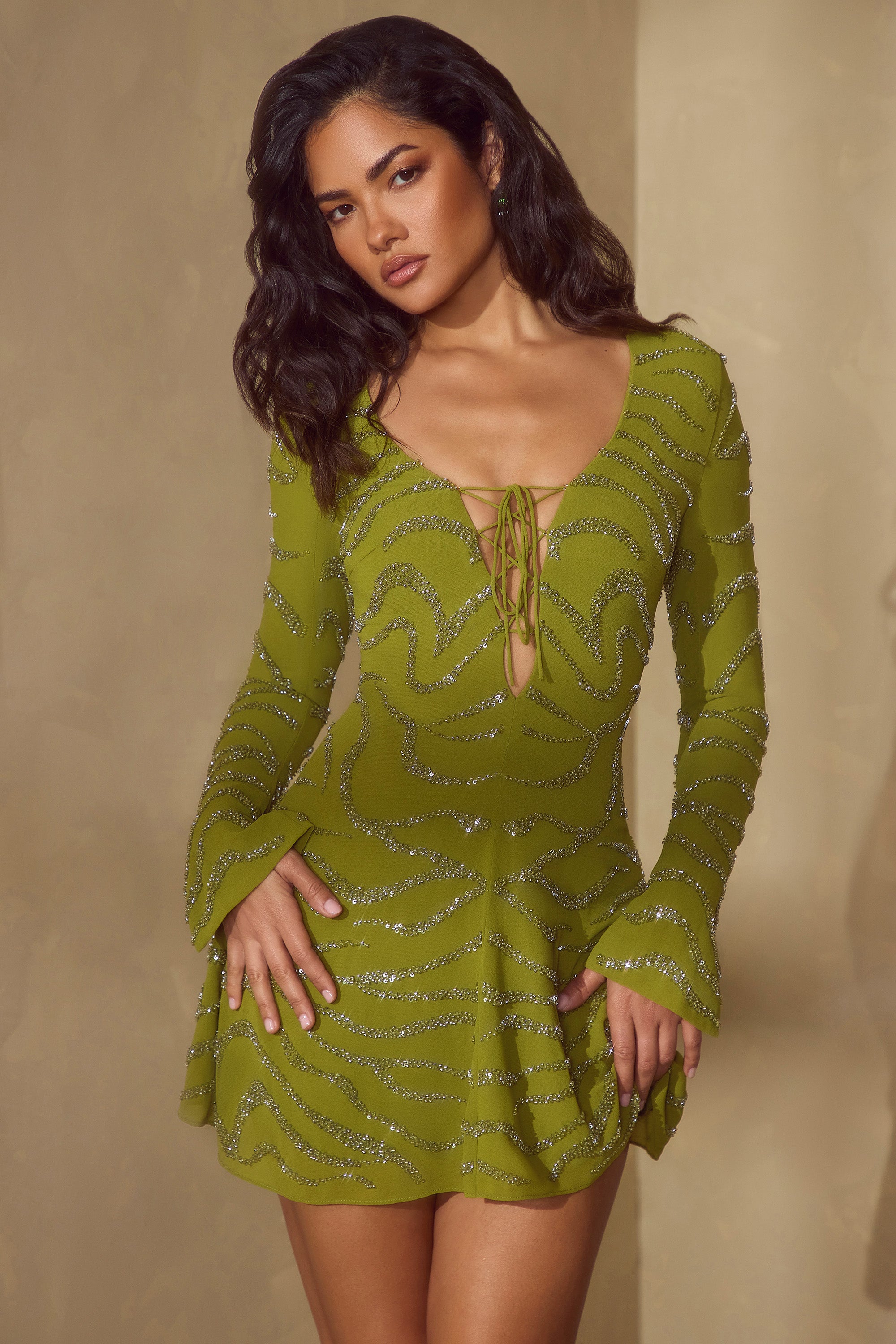 Long Sleeve Lace Up Mini Dress in Olive、mySite、solidvoid