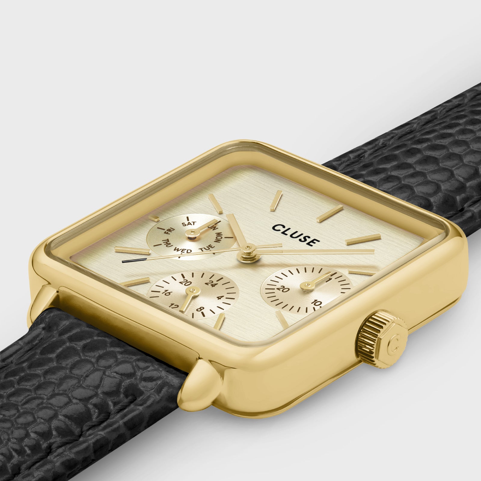 La Tétragone Multifunction Watch Leather, Black Lizard, Gold Colour、mySite、botmansion