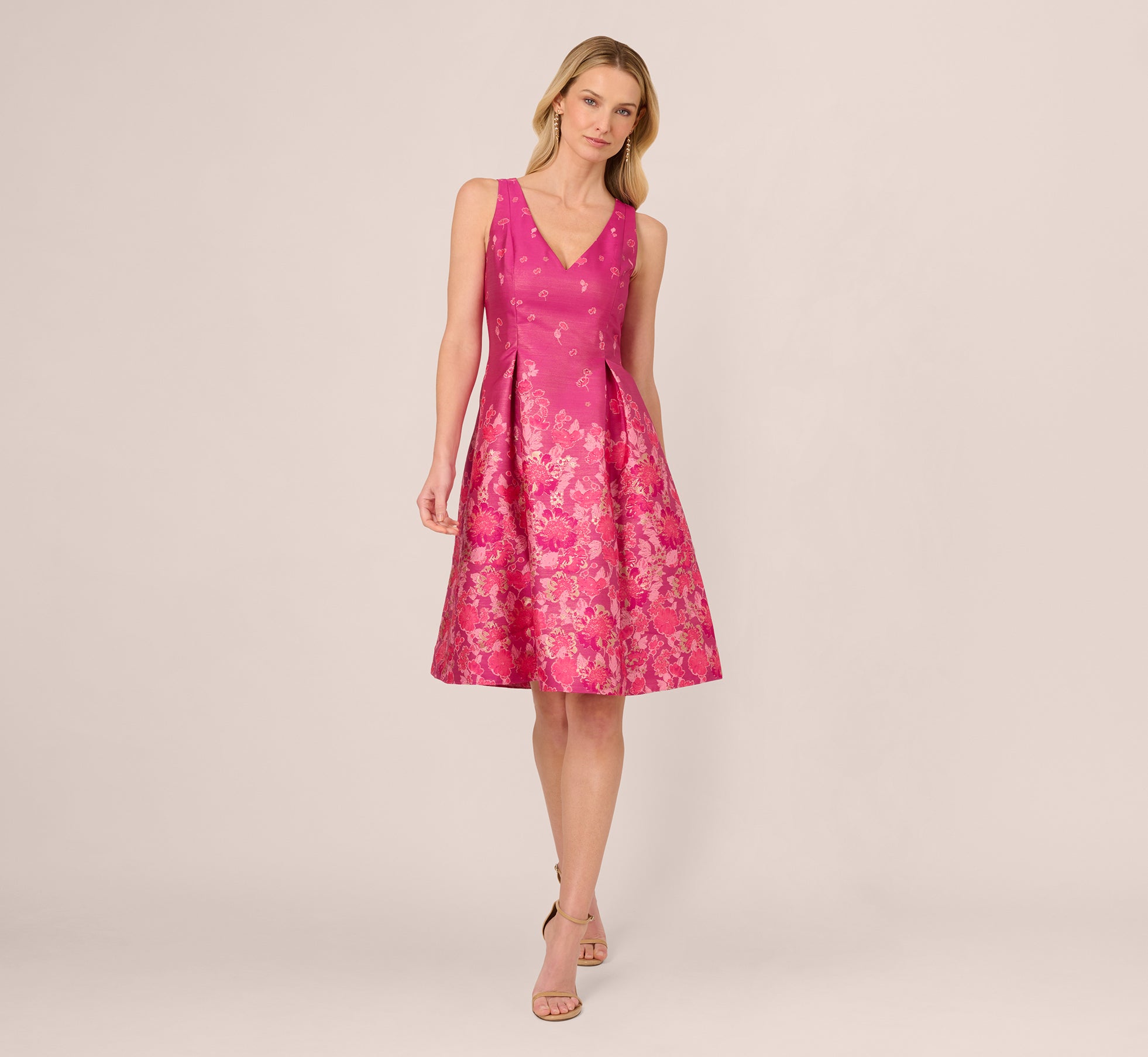 V Neck Floral Hem Jacquard Midi Dress In Pink Multi、mySite、solidvoid