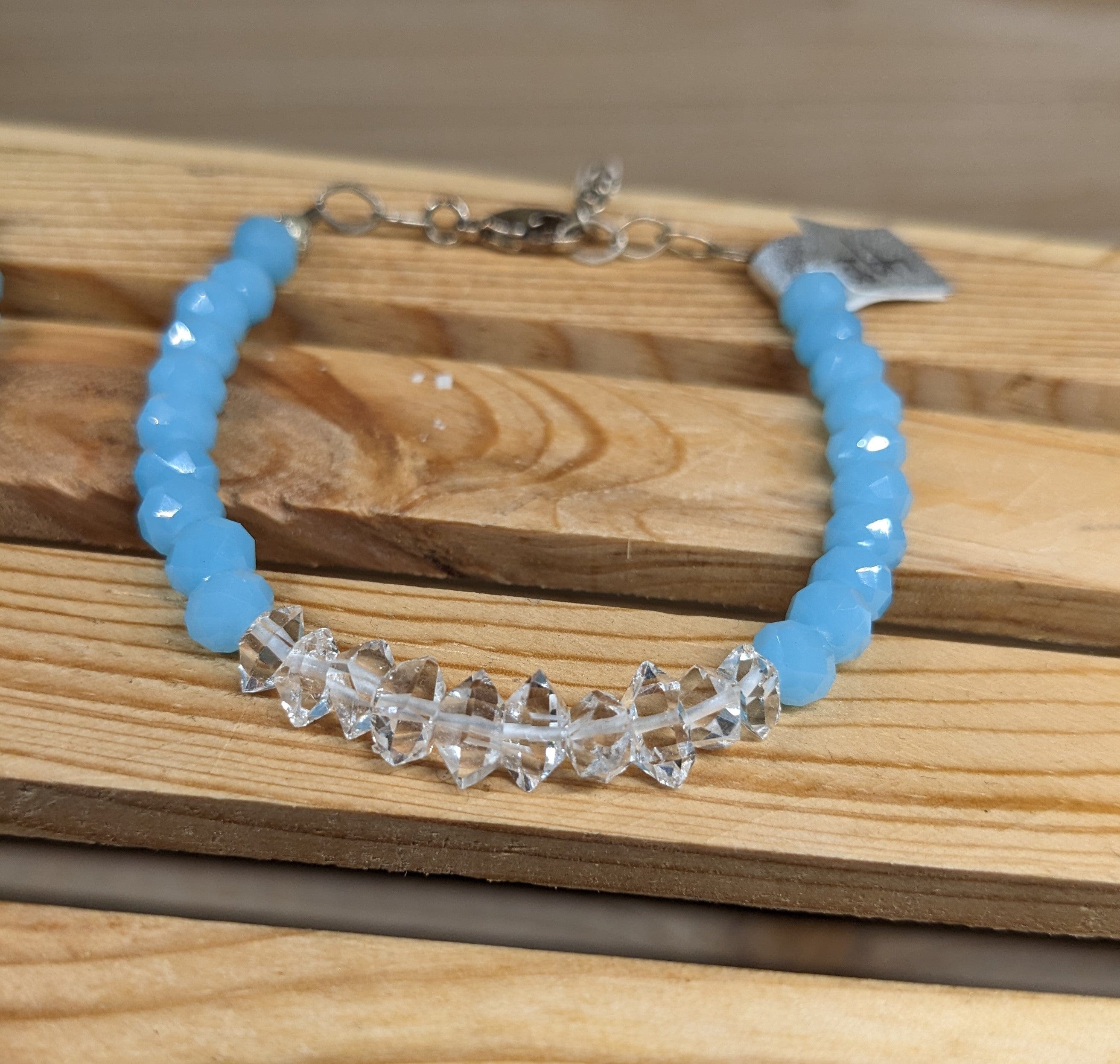 Caribbean Blue or Pink Chalcedony and Herkimer Diamond Bracelets-HANDMADE with love! 925 Silver Clasp、mySite、g9winljtr