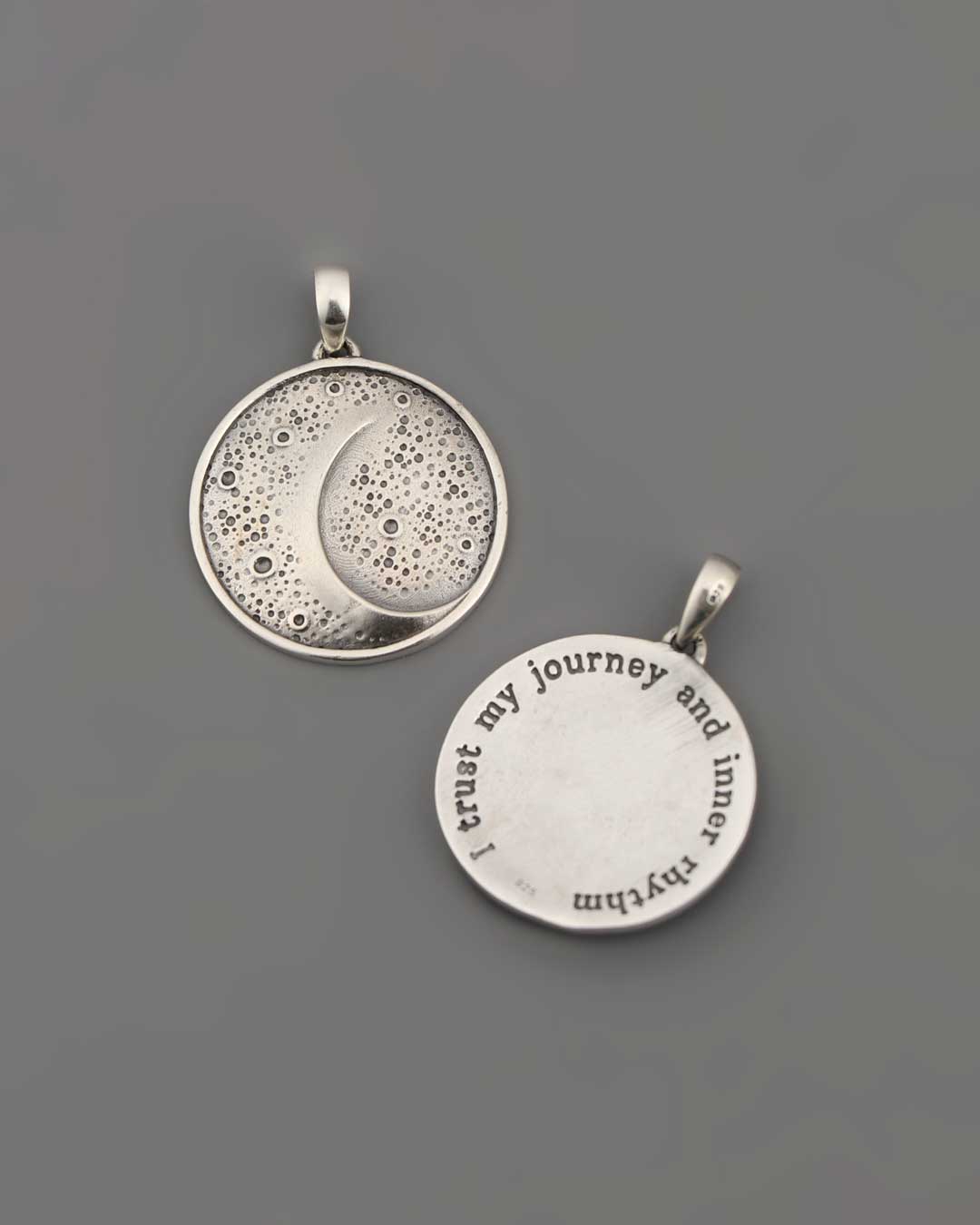 Moon Phase Rhythm Sterling Silver Pendant – Etched Lunar Texture with Inspirational Back Engraving、mySite、topwebapps