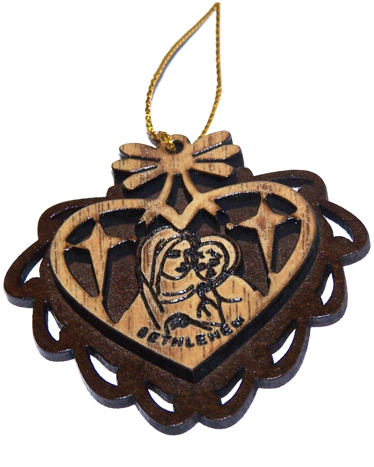  Two Layers Mahogany with Olive wood Mother Mary with Child Ornament gift carved by Laser - Olive wood - all carved inside a Heart (5.5 cm or 2.2 inch with certificate) and gold string、mySite、elrpsem3k