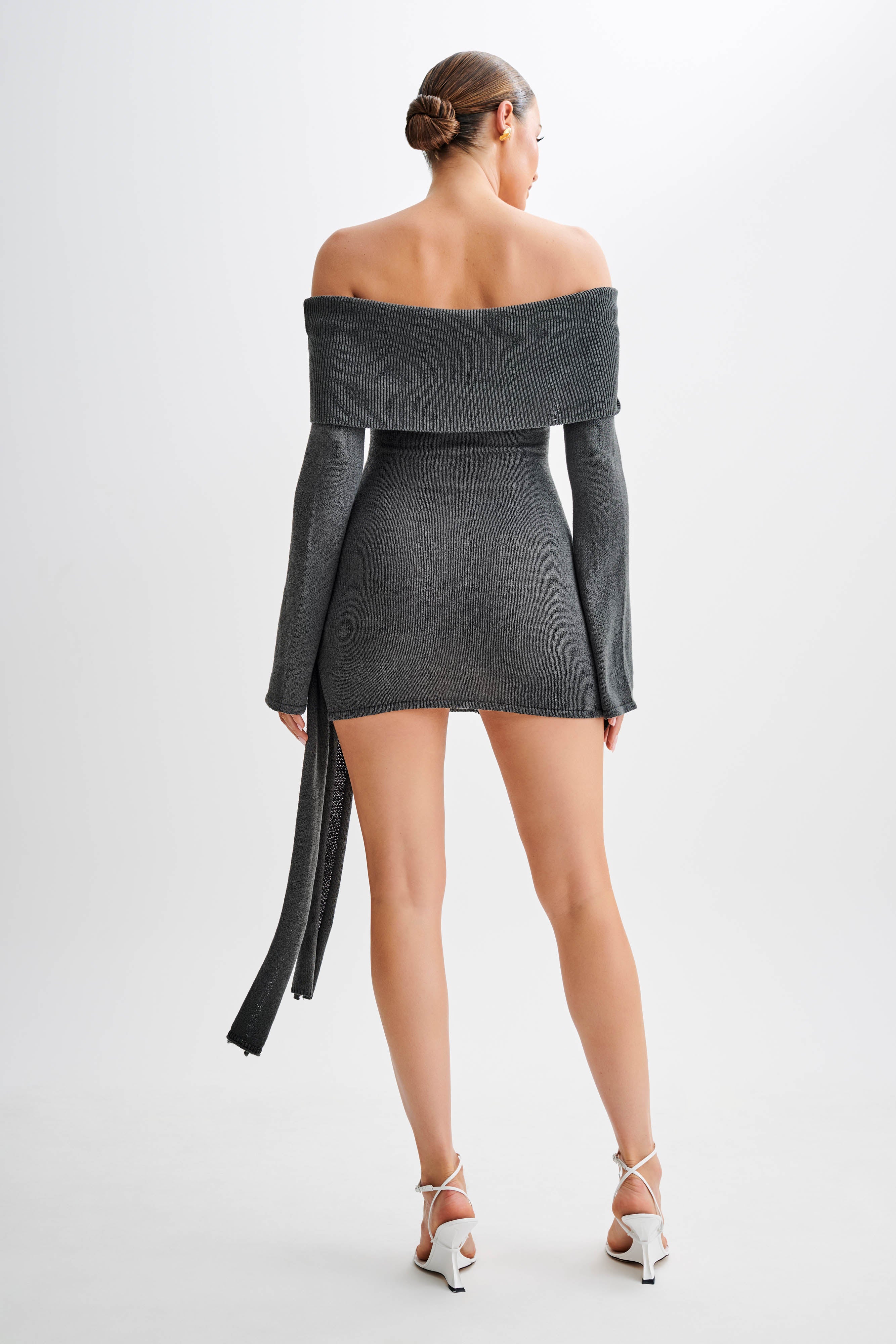Camryn Off Shoulder Tie Knit Mini Dress - Charcoal、mySite、solidvoid