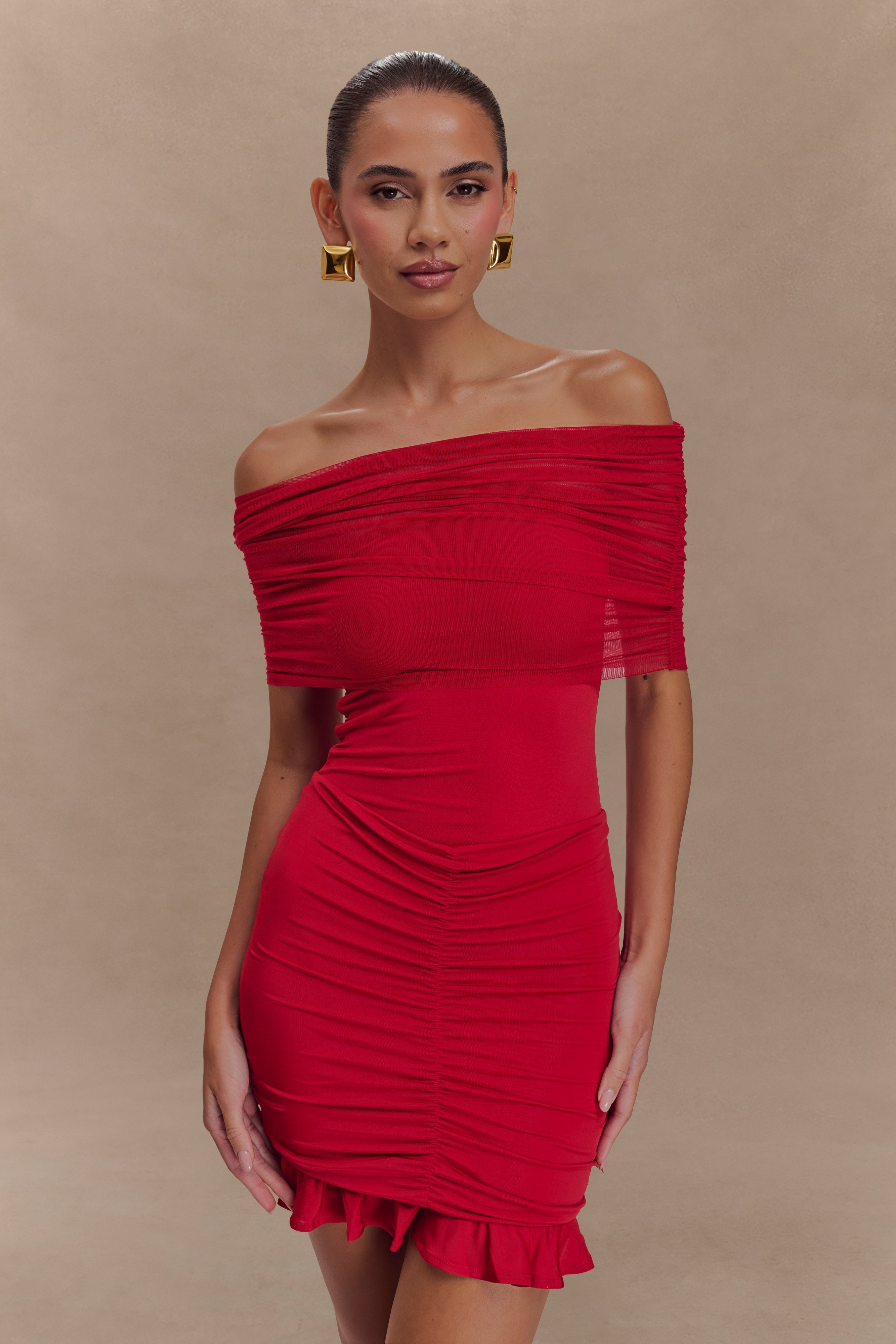 Caspian Slinky And Mesh Off Shoulder Mini Dress - Ruby、mySite、solidvoid