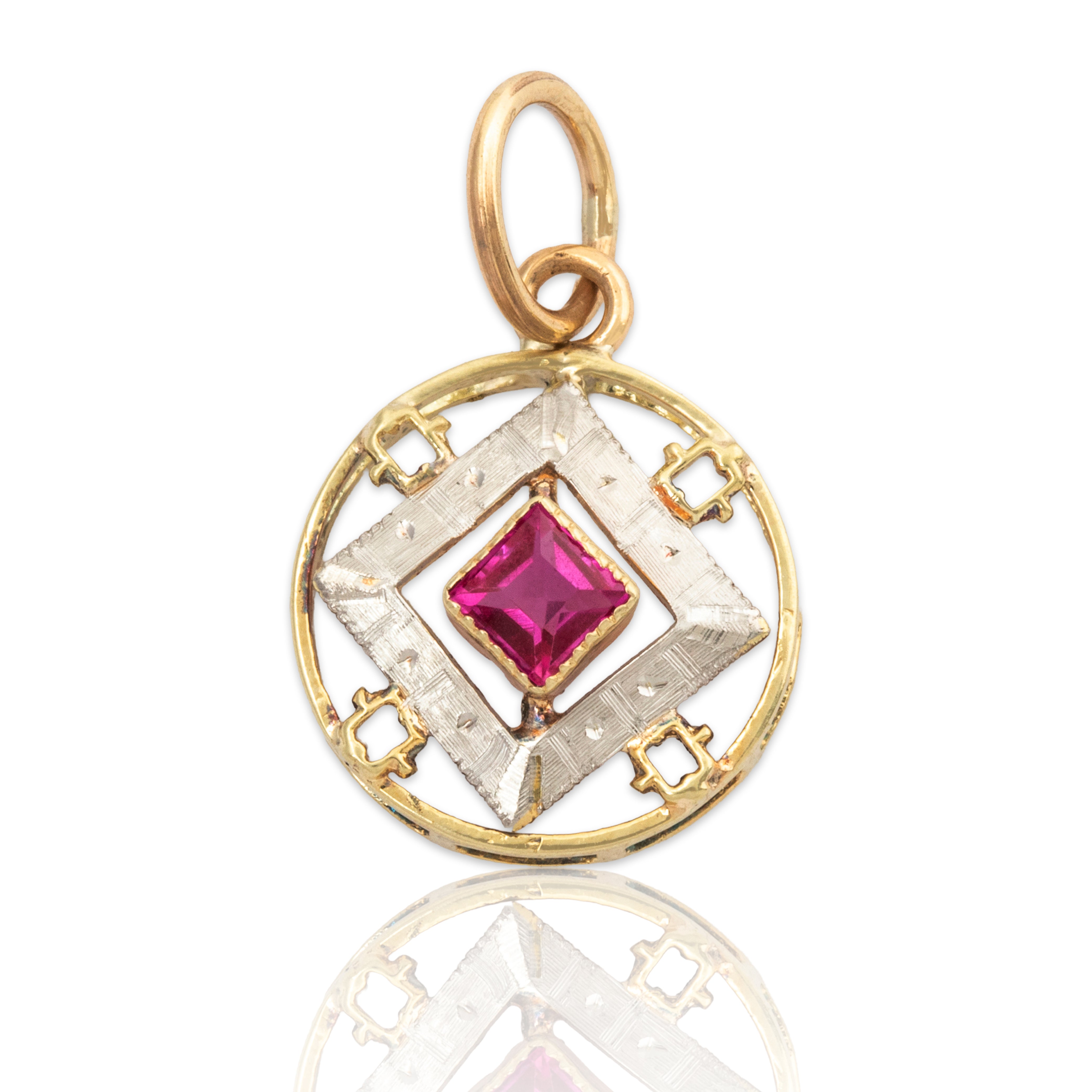 Antique 14k Yellow Gold Synthetic Ruby Art Deco Charm Pendant、mySite、hinf8tx79