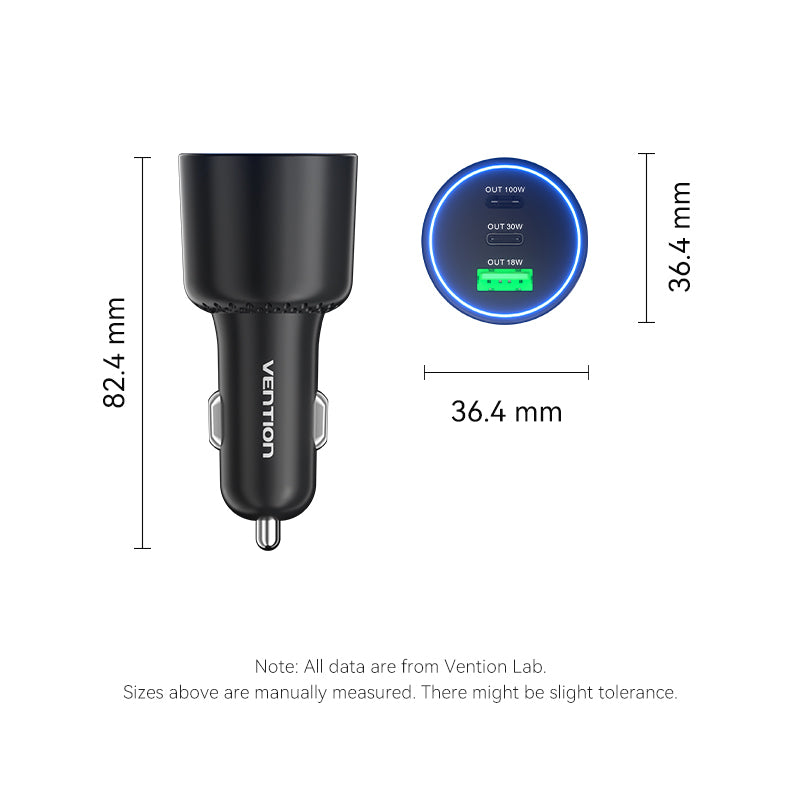 Vention Three-Port USB C+C+A (100W+30W+18W) Car Charger Black ABS Type、mySite、fannypackpong