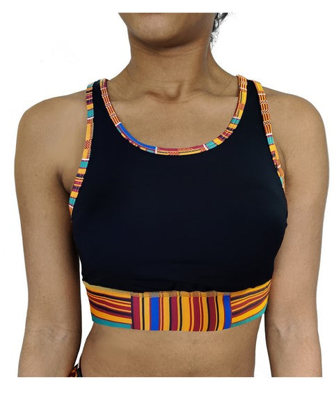 Washoge Alfina Black w- Kente African Print Sports Bra for Women、mySite、solidvoid