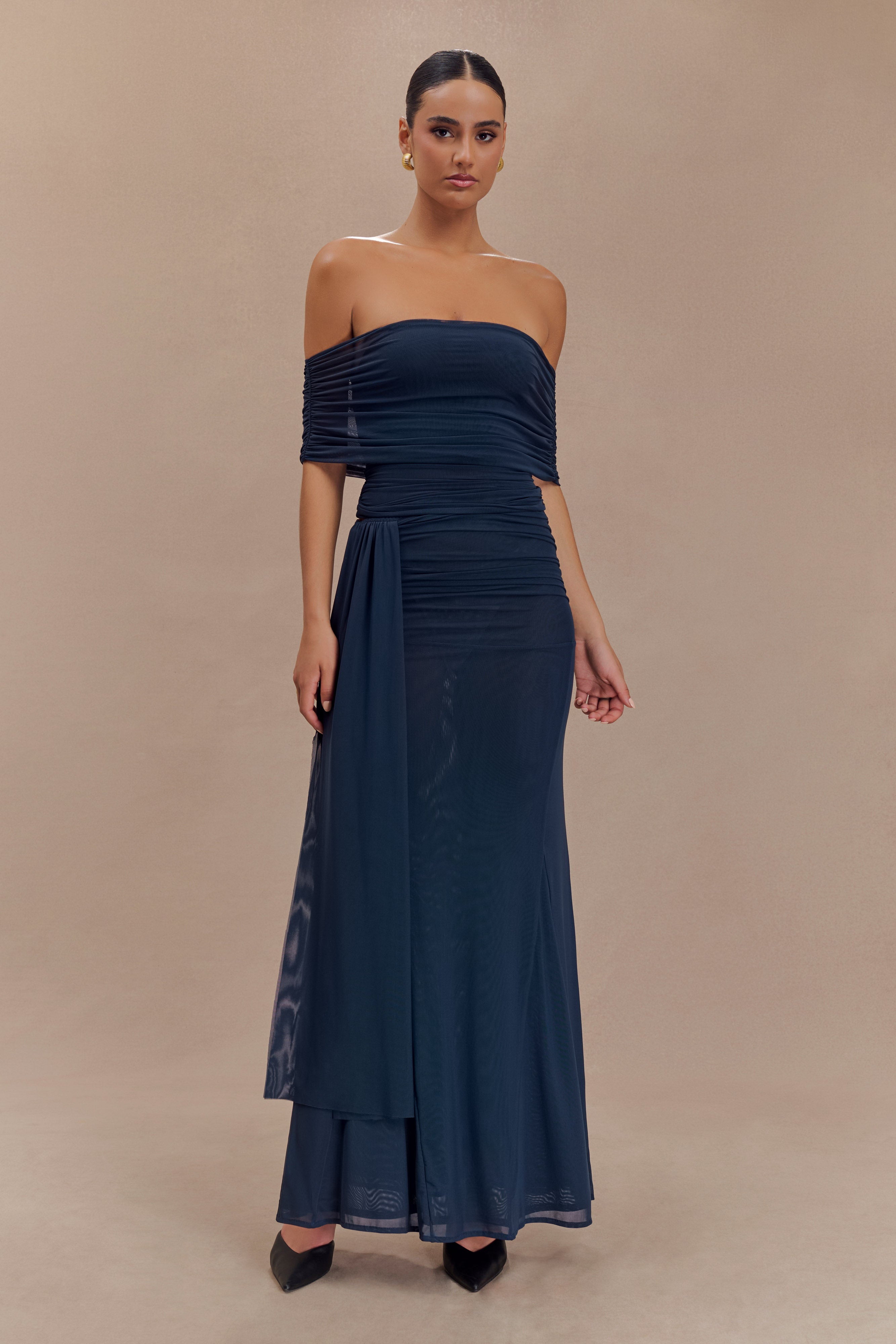 Arna Off Shoulder Mesh Crop Top - Midnight Blue、mySite、solidvoid