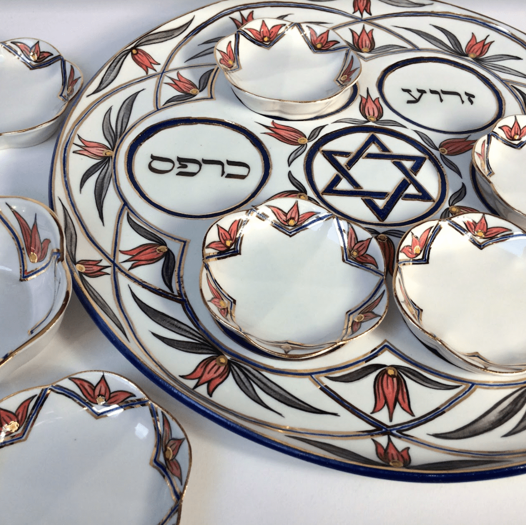 Salmon, Gray and Gold Floral Porcelain Seder Plate and Salt Bowl、mySite、topwebapps