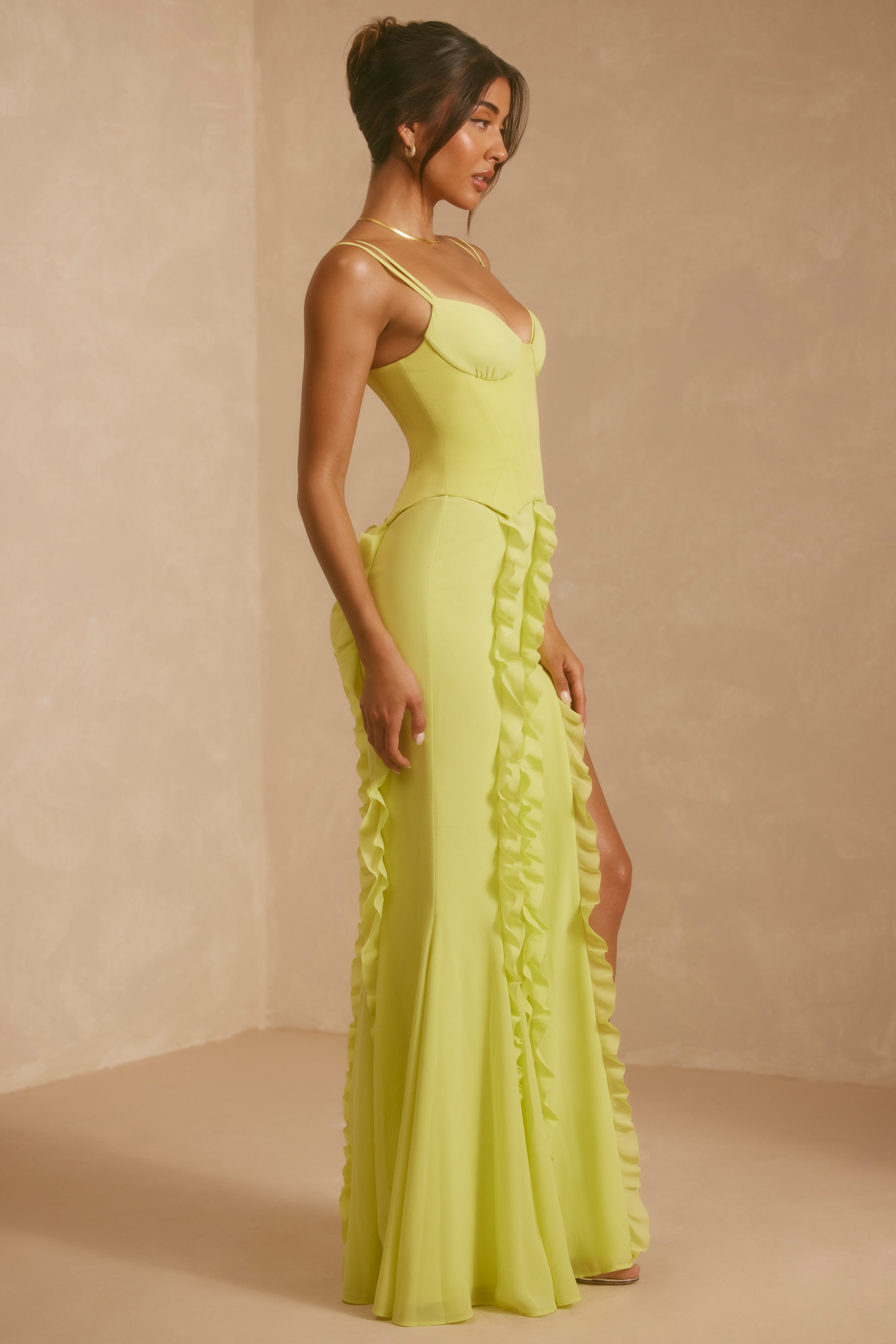 Corset Frill Skirt Maxi Dress in Lime Green、mySite、solidvoid