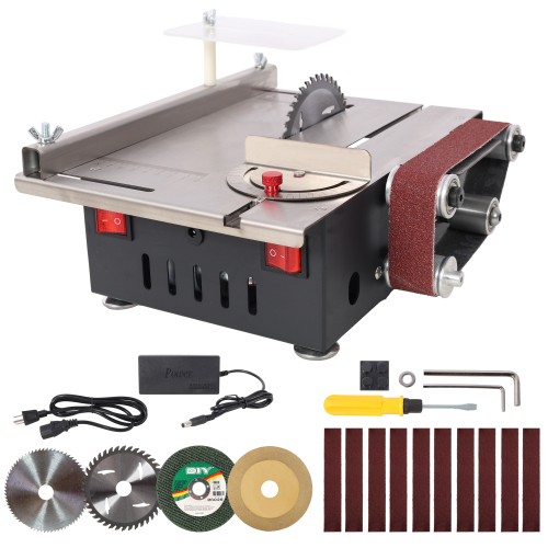 Mini Table Saw,Belt Sander, stainless steel top,4pcs Blades,10pcs Sanding Blet,7 Gear Adjustable 0-90° Angle, Available for Wood/PCB/Acrylic/Plastic,DIY Model Crafts Cutting Tool、、eastwooduniform