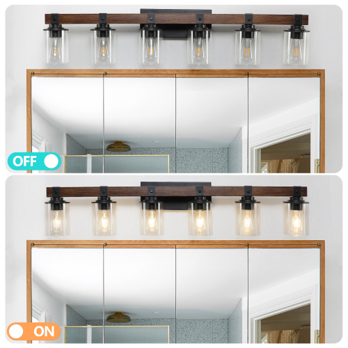 50" Rustic 7-Light Vanity Light, Industrial Bathroom Wall Sconce with Glass Shades and Wood Accent, Modern Farmhouse Lighting Fixture (No Bulbs)、、eastwooduniform