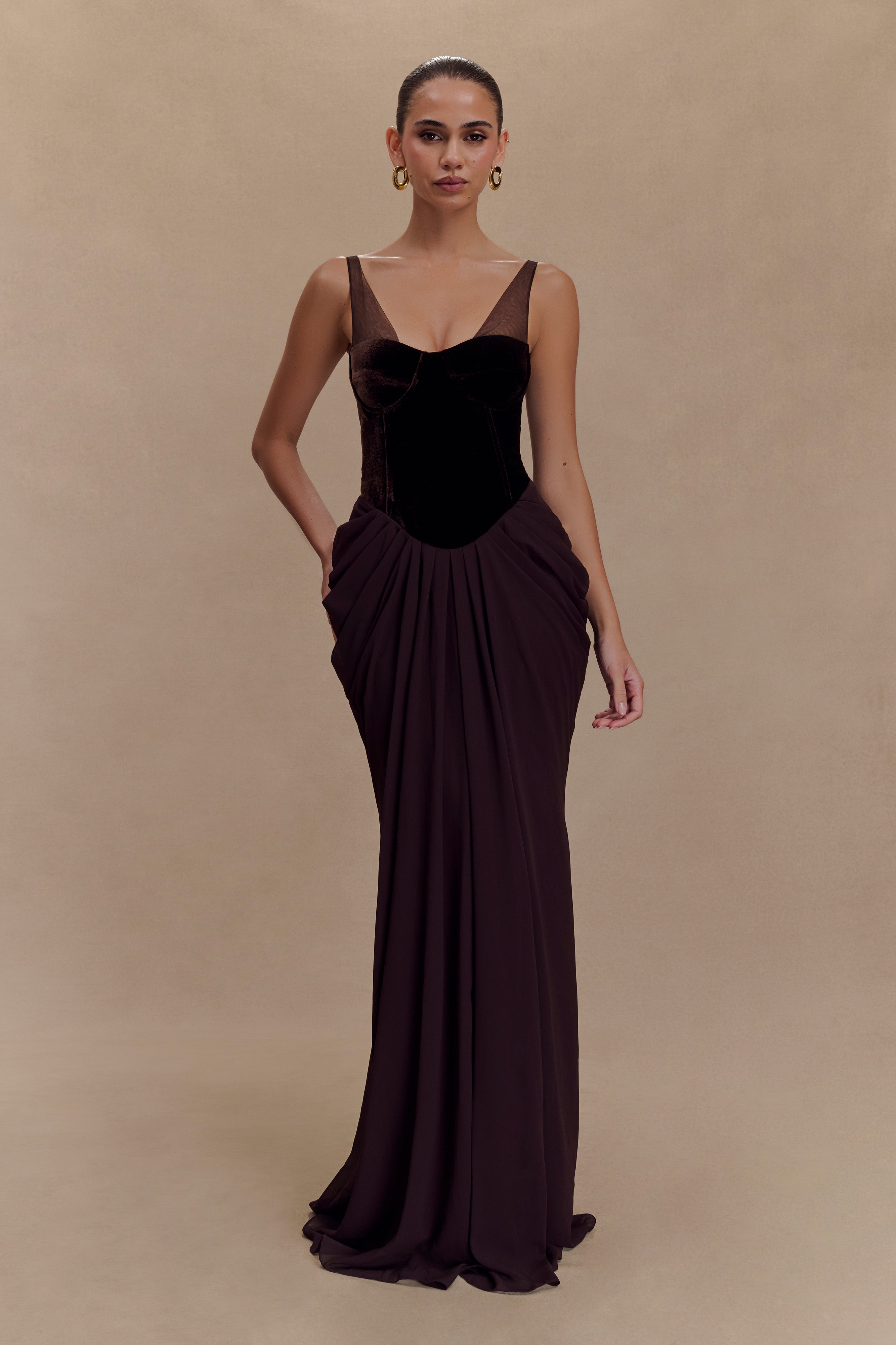 Roxanne Velvet Corset Maxi Dress - Cacao Brown、mySite、solidvoid