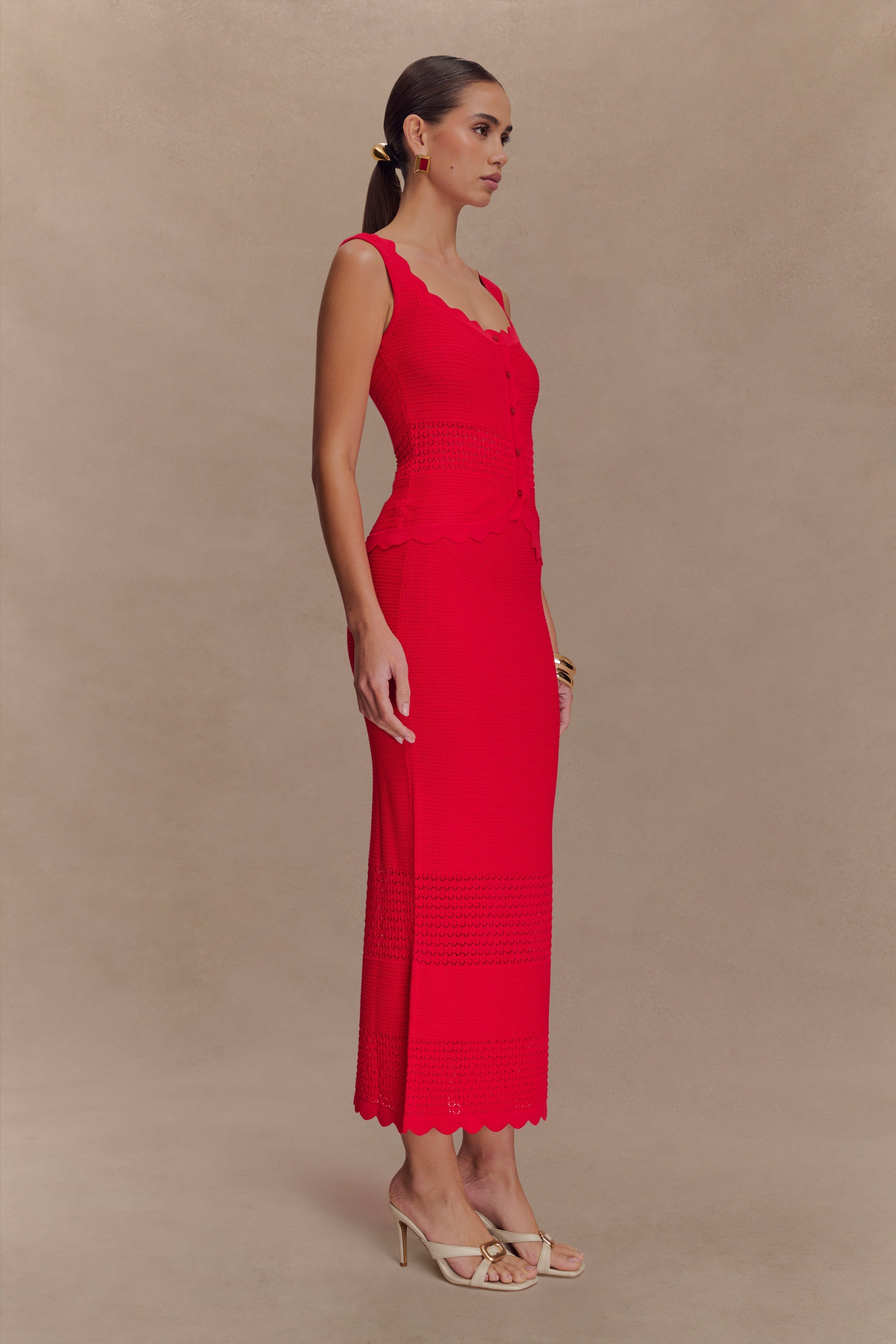 Madeline Scallop Knit Midi Skirt - Red、mySite、solidvoid