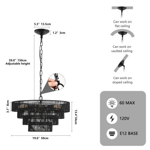(Same as W1340P155976/L1019-4) 20" Modern 4-Layer Woven Hemp Rope Chandelier, Boho Style Pendant Light, Elegant Hanging Light Fixture for Living Room, Dining Room, Bedroom (No Bulbs)、、eastwooduniform