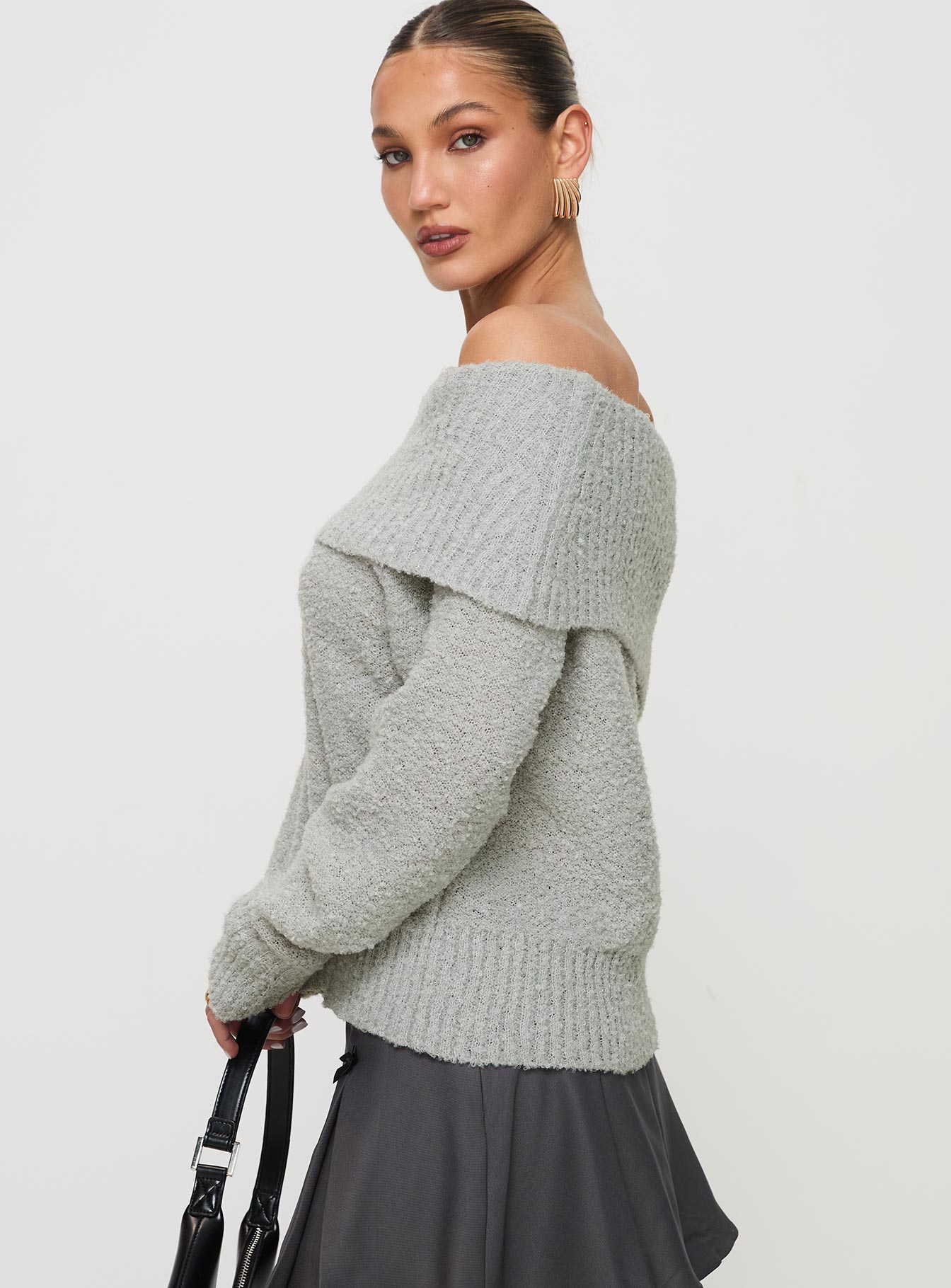 Parkley Boucle Off The Shoulder Sweater Grey Marle、mySite、solidvoid