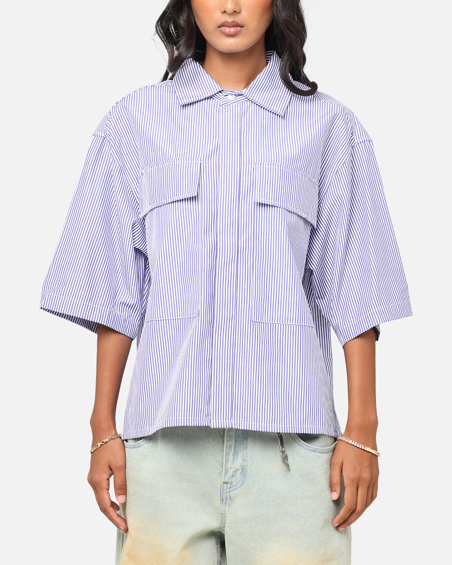 MNML Cropped Striped Short Sleeve Shirt Blue、mySite、zt4zffjzw