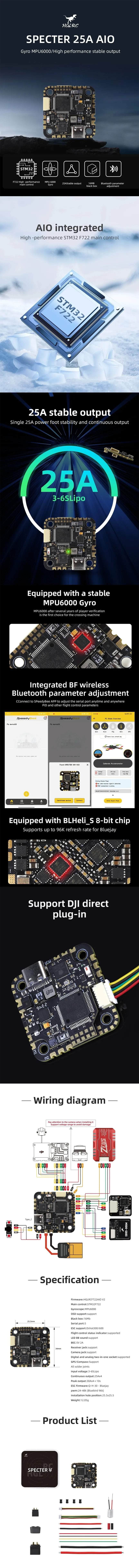 HGLRC Specter F722 3-6S AIO Whoop/Toothpick Flight Controller (w/ 25A 8Bit 4in1 ESC)