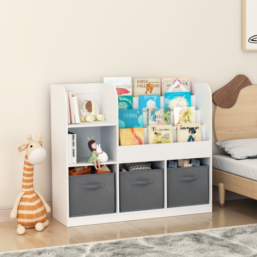 Kids Bookcase and Bookshelf, Multifunctional Bookcase with 3 Collapsible Fabric Drawers, Bookcase Display Stand, Toy Storage Organizer for Bedroom, Playroom, Hallway (White/Gray)、、casual