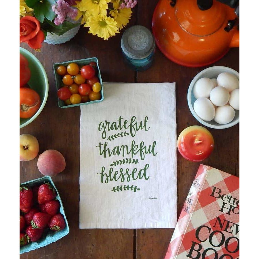 Grateful, Thankful, Blessed Handprinted White Flour Sack Tea Towel with Hanging Loop、mySite、g9winljtr