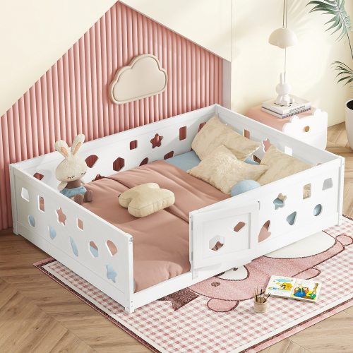 Twin Size Floor Bed with Heightened Safety Guardrails and Door, Solid Wood Bedframe with Rails for Girls, Boys, Teens, Child Bedroom, Kids Playroom, No Slats Included, White、、casual