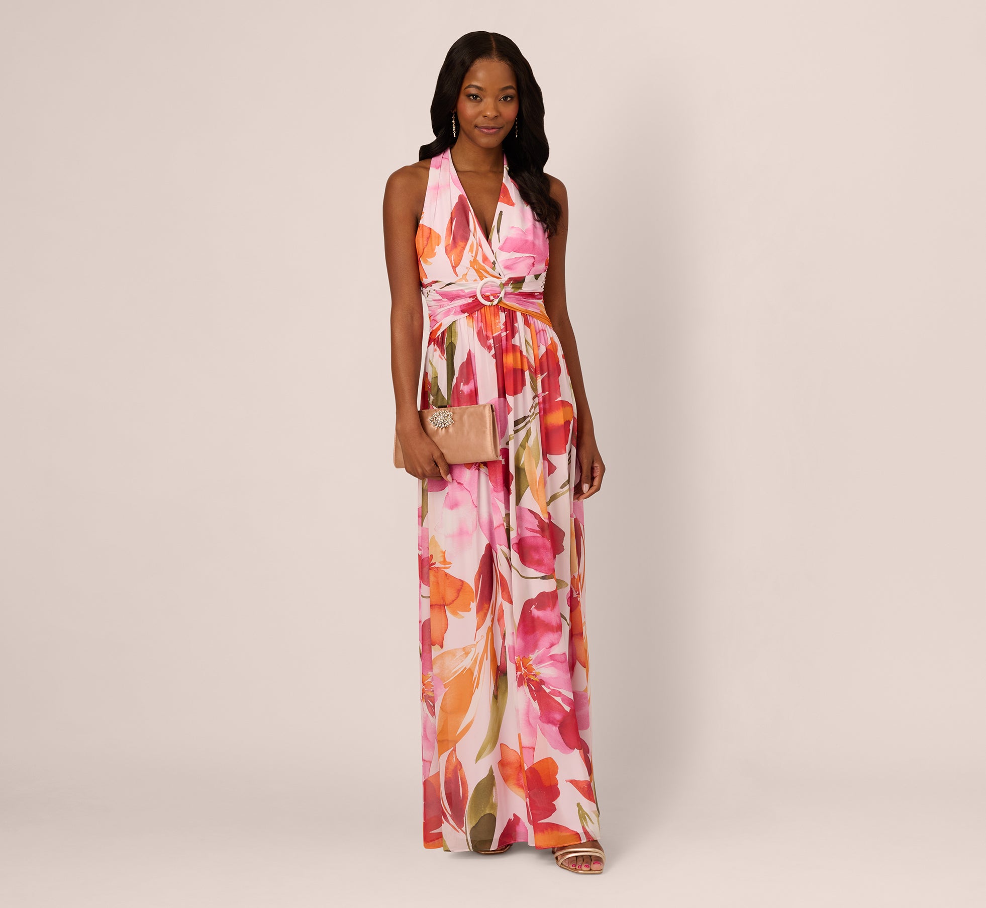 Sleeveless Surplice Floral Chiffon Gown In Pink Orange Multi、mySite、solidvoid
