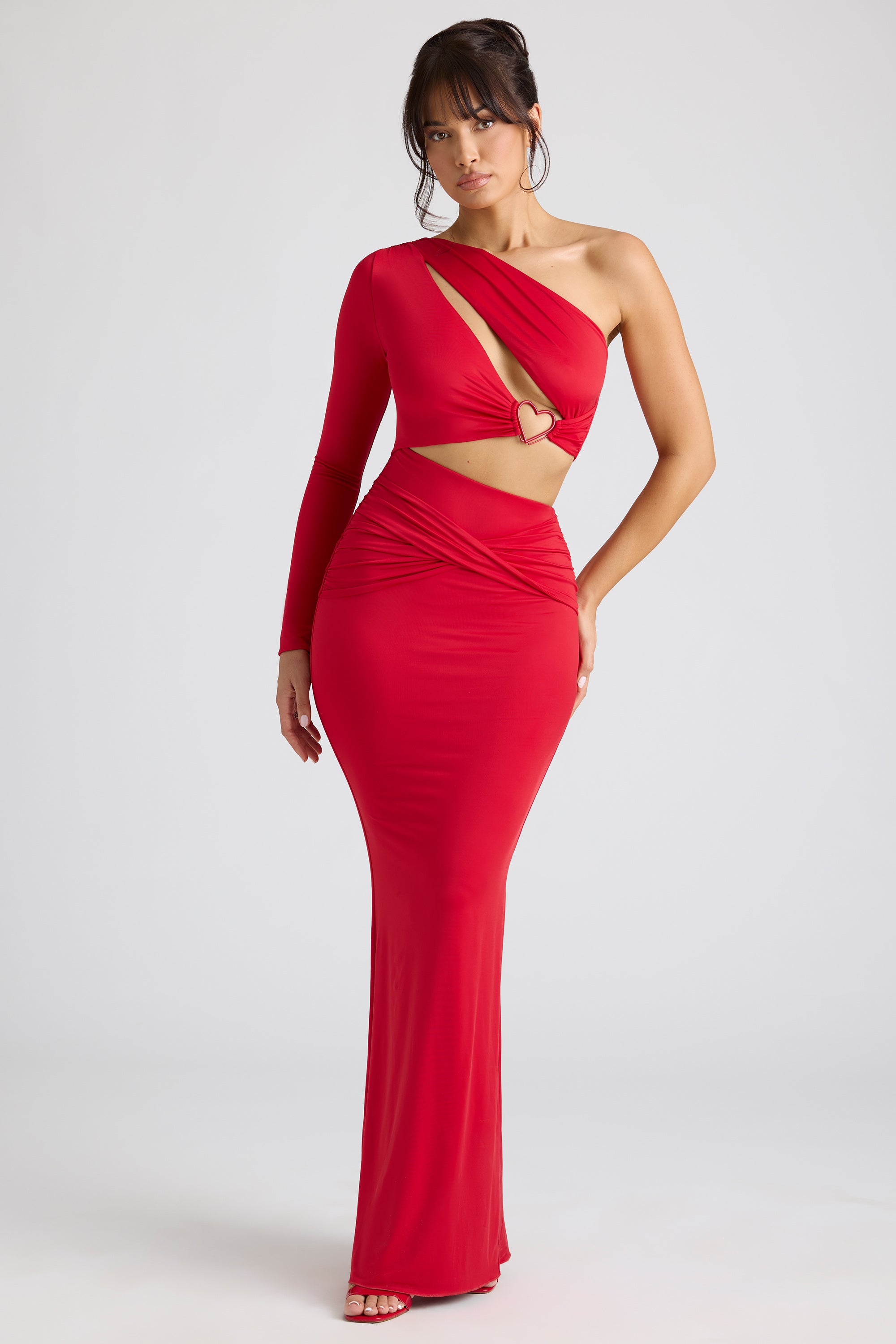 Single Sleeve Cut Out Evening Gown in Fire Red、mySite、solidvoid