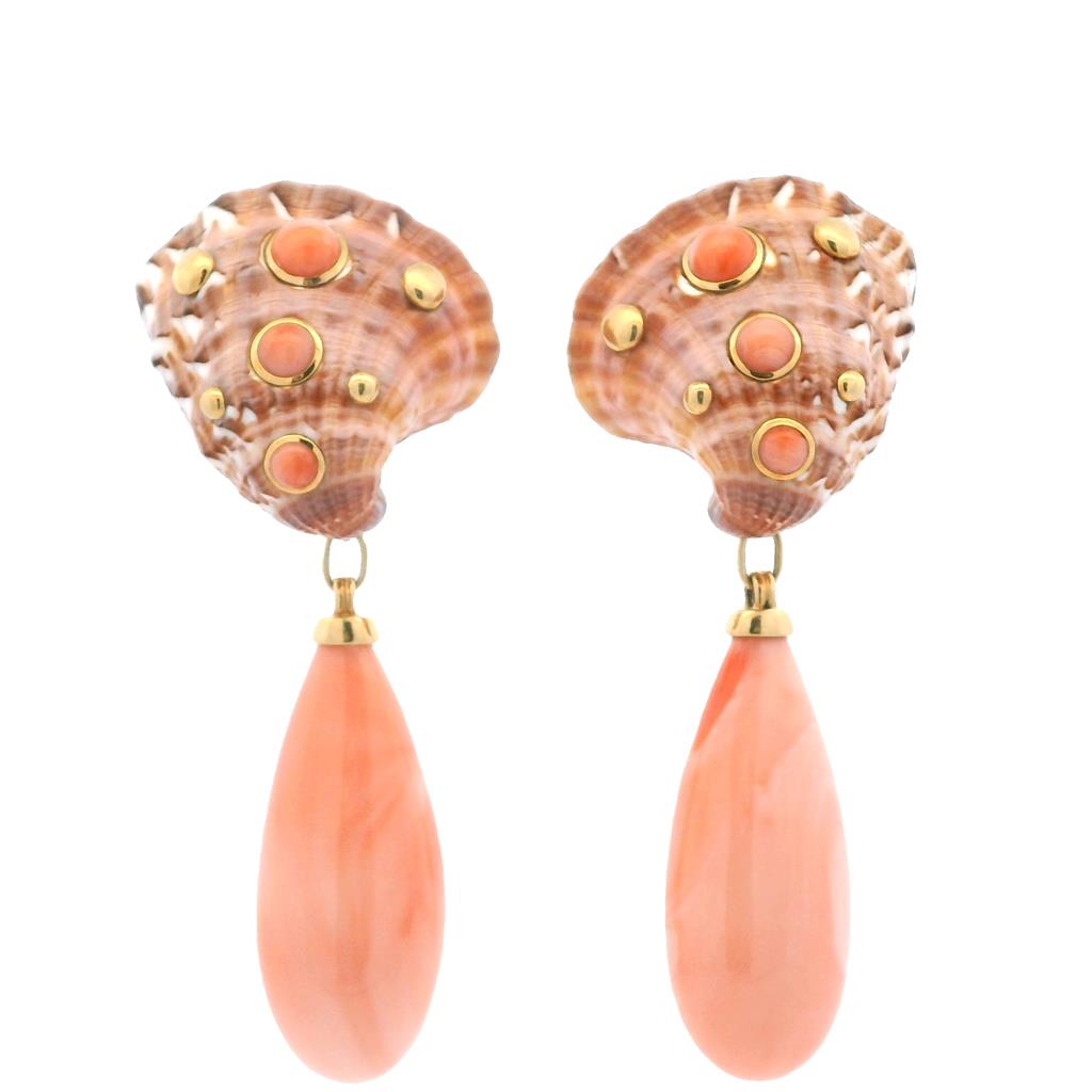 Estate 18K Yellow Gold Natural Seashell & Coral Drop Earrings、mySite、botmansion