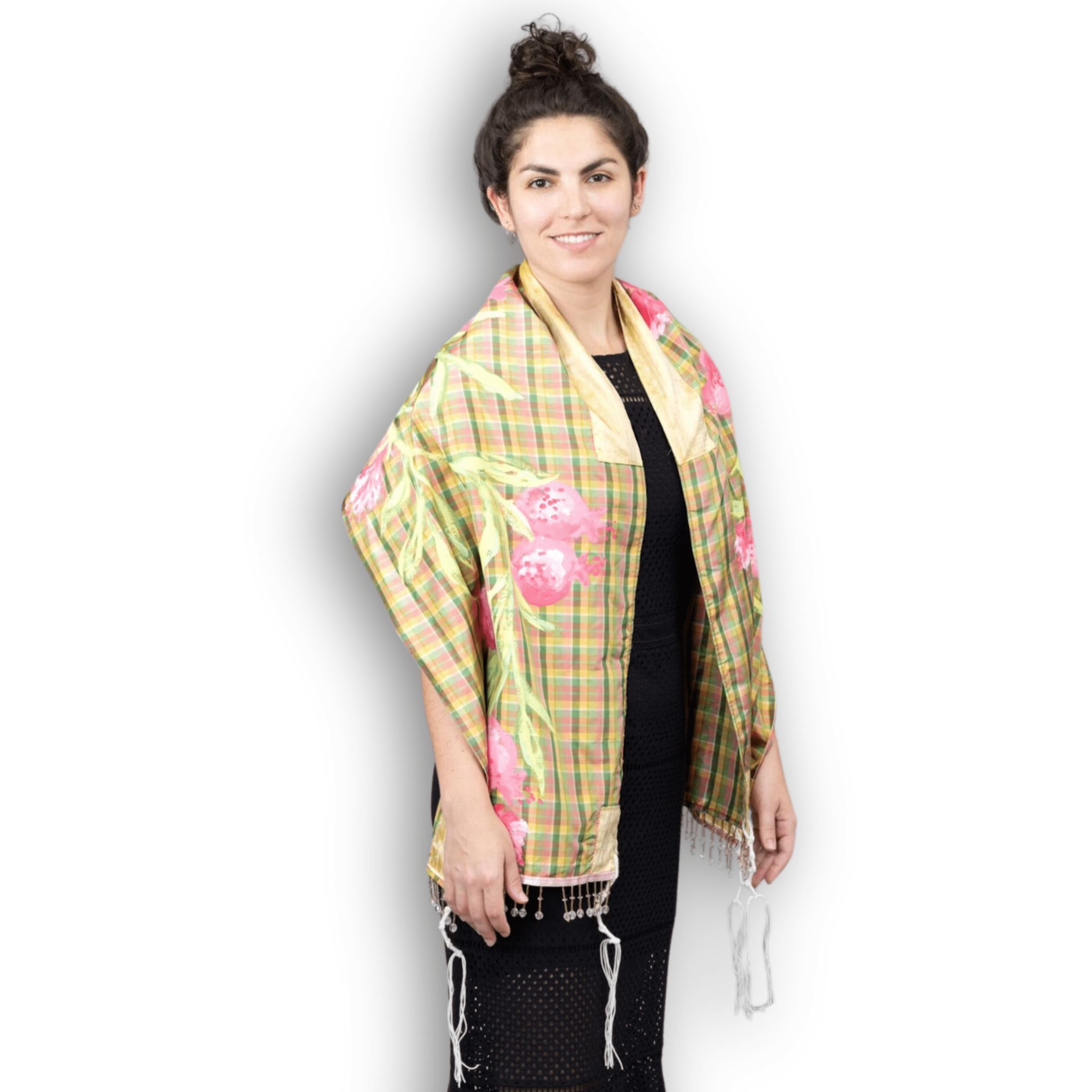 Pink, Green, and Yellow Silk Plaid Tallit with Hand-Painted Pomegranate Design、mySite、topwebapps
